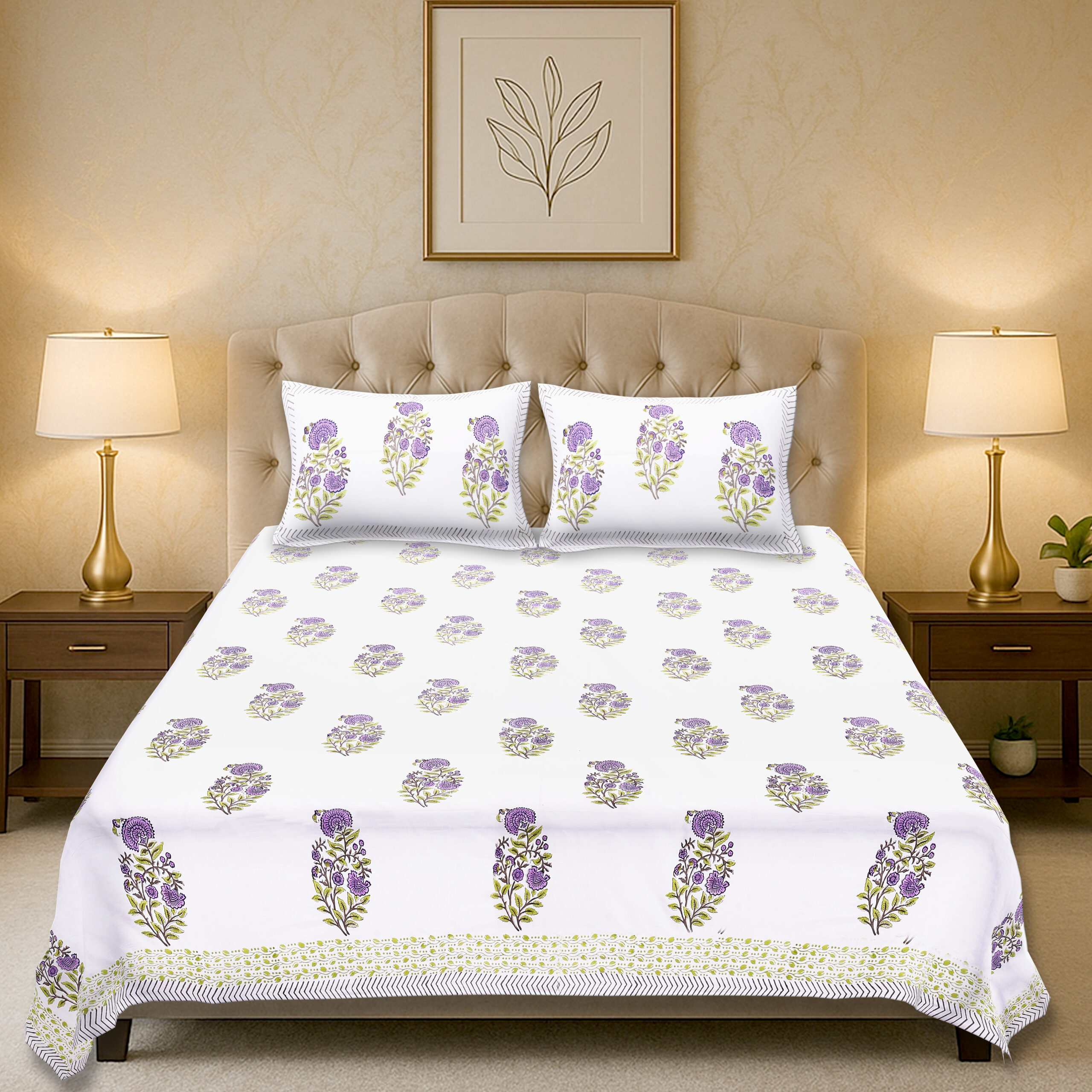 Cleopatra handblock printed cotton bedsheet set full view