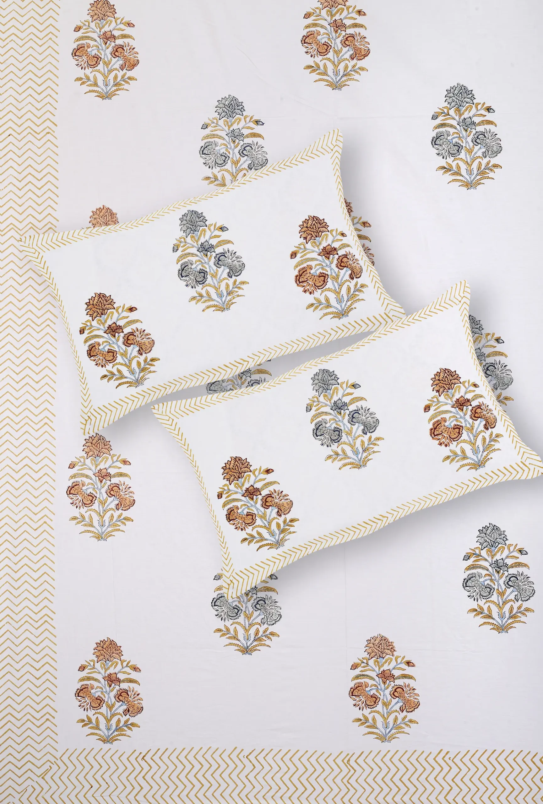 Cleopatra Amber Floral 108″ x 108″ Handblock Printed Cotton Bed Sheet Set