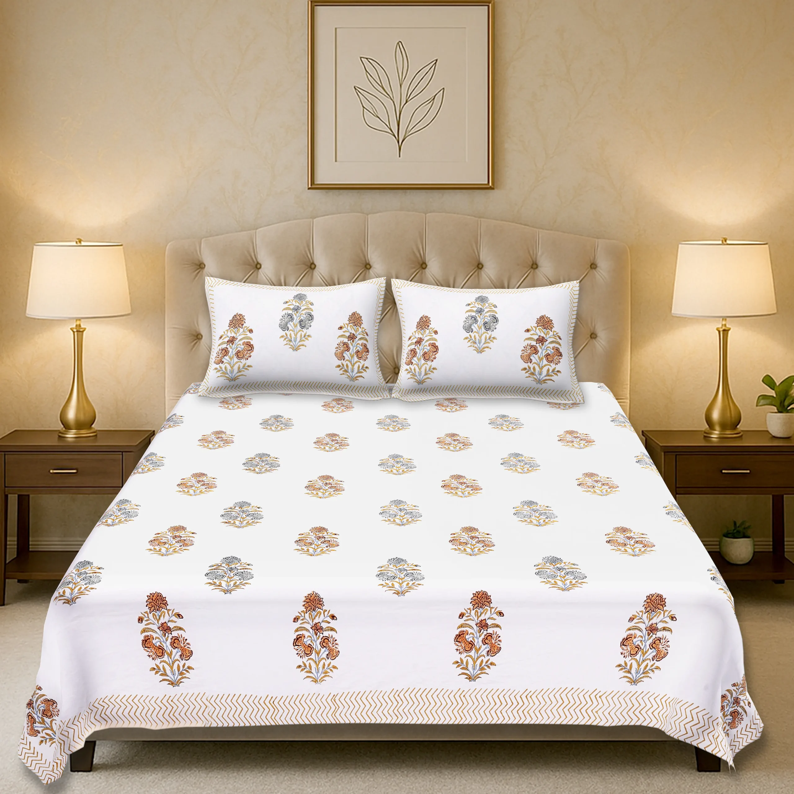 Cleopatra Amber Floral 108″ x 108″ Handblock Printed Cotton Bed Sheet Set - Image 3