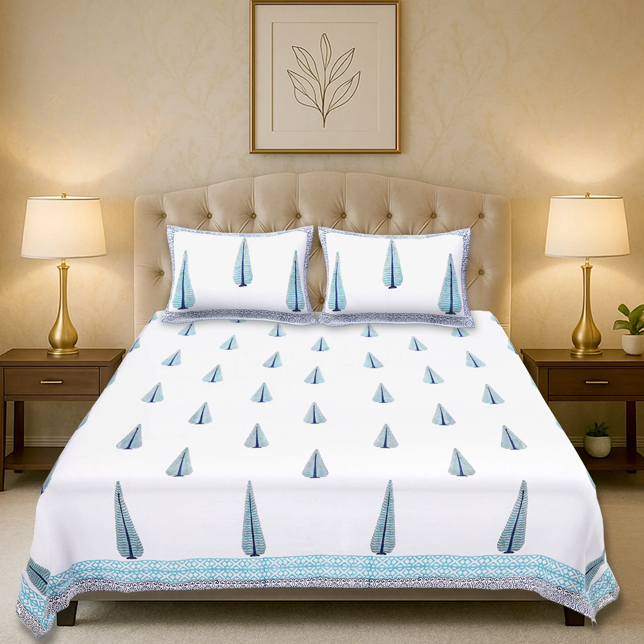 Cleopatra Aqua Tree 108″ x 108″ Handblock Printed Cotton Bed Sheet Set - Image 3