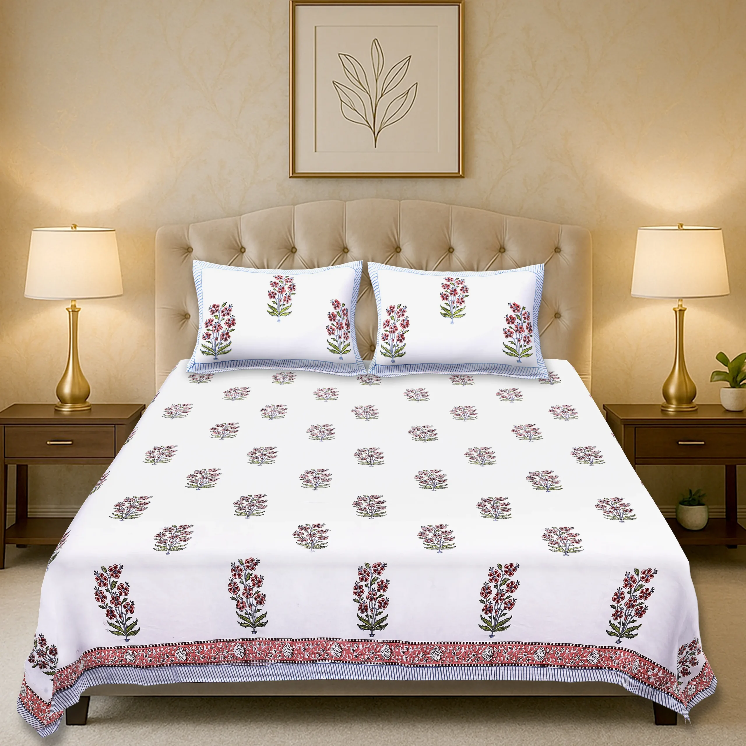 Cleopatra Crimson Garden 108″ x 108″ Handblock Printed Cotton Bed Sheet Set - Image 3