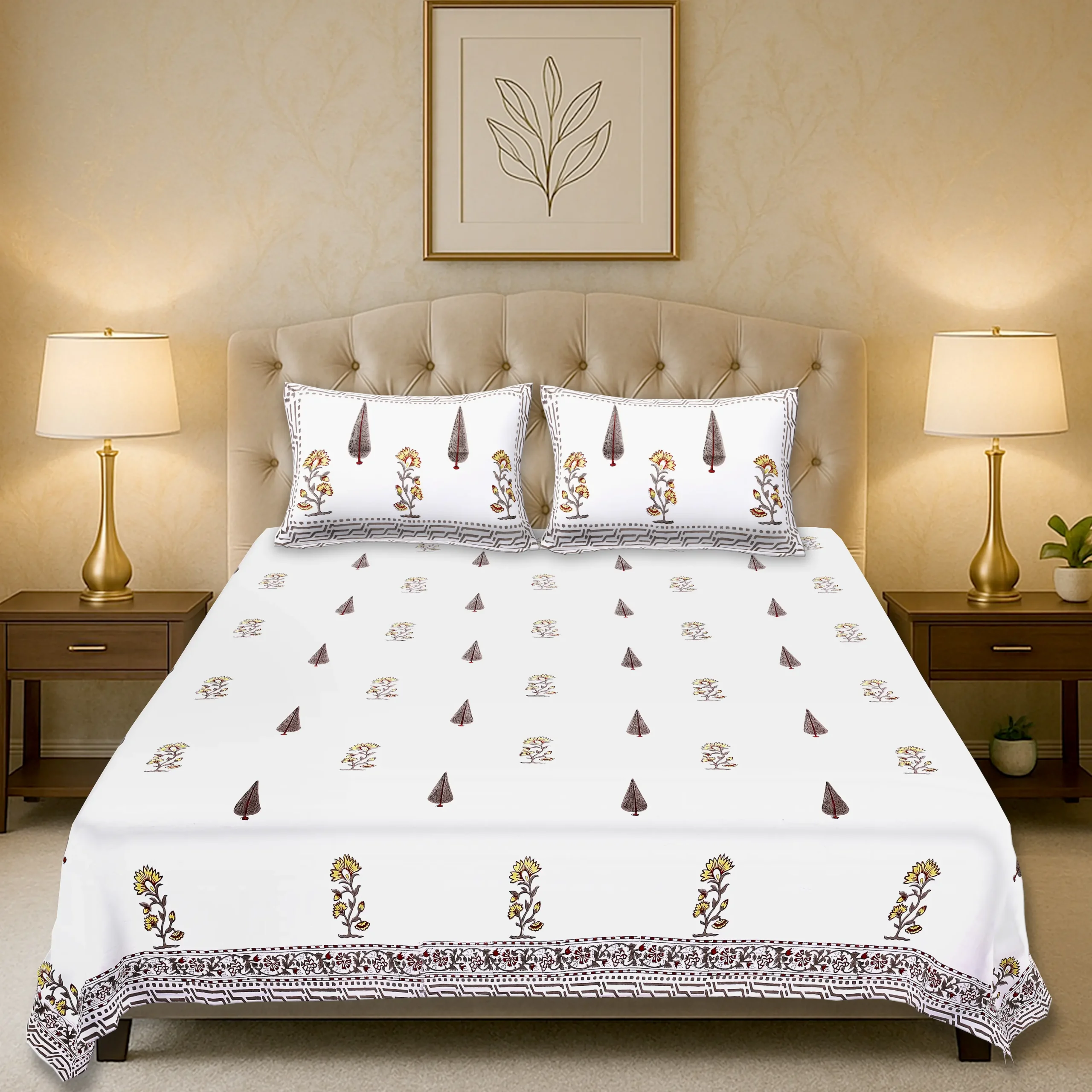 Cleopatra Desert Motif handblock printed cotton bedsheet set full view