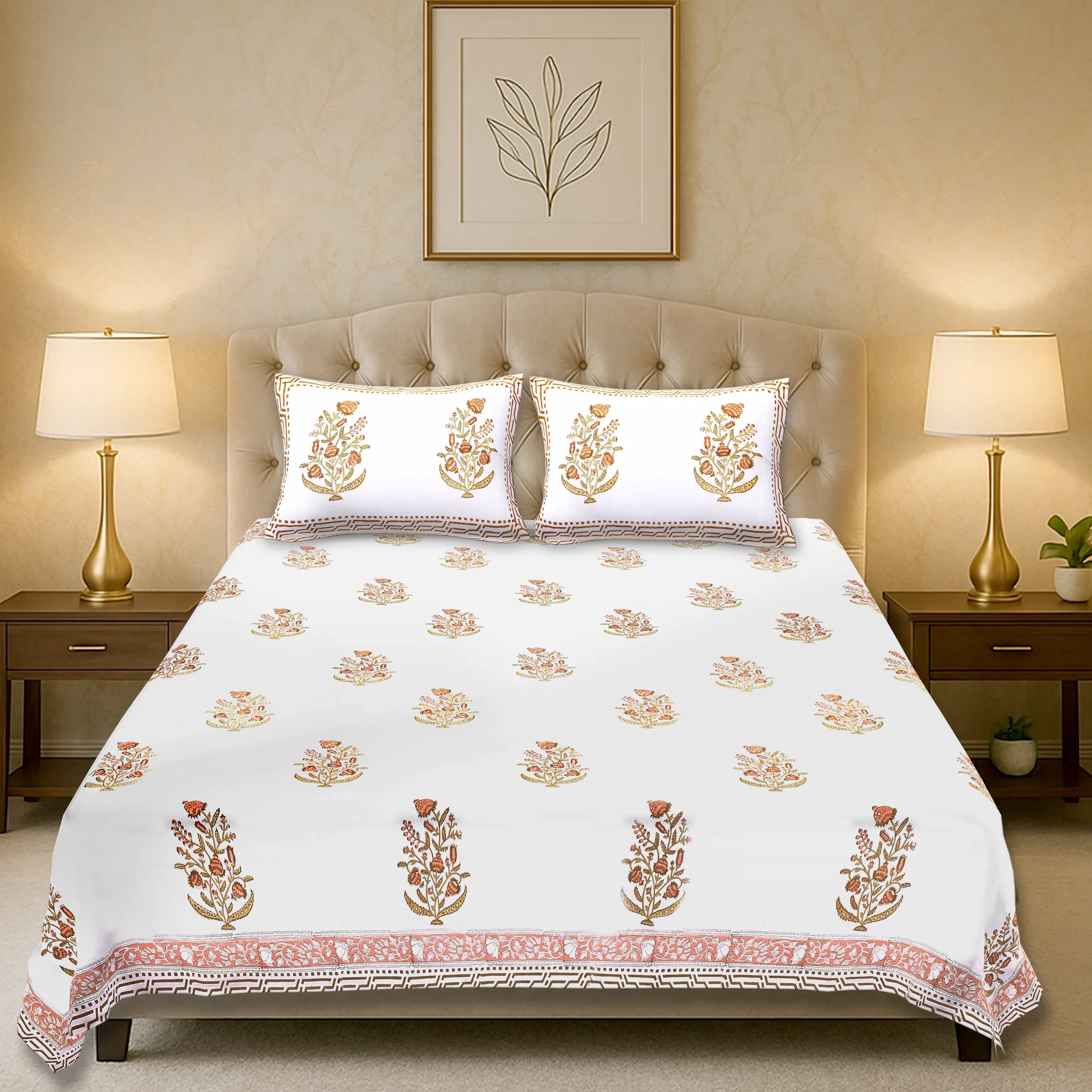 Cleopatra Desert Rose handblock printed cotton bedsheet set full view