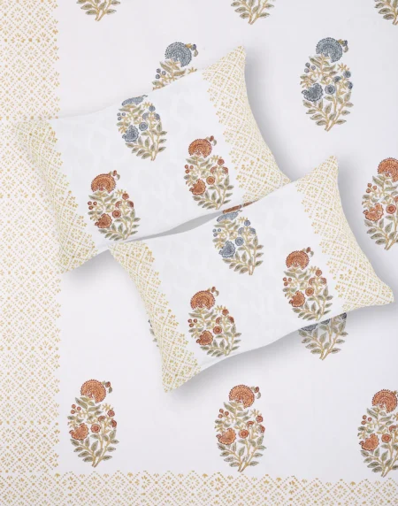 Cleopatra Golden Bloom bedsheet set with pillow covers handblock print styling