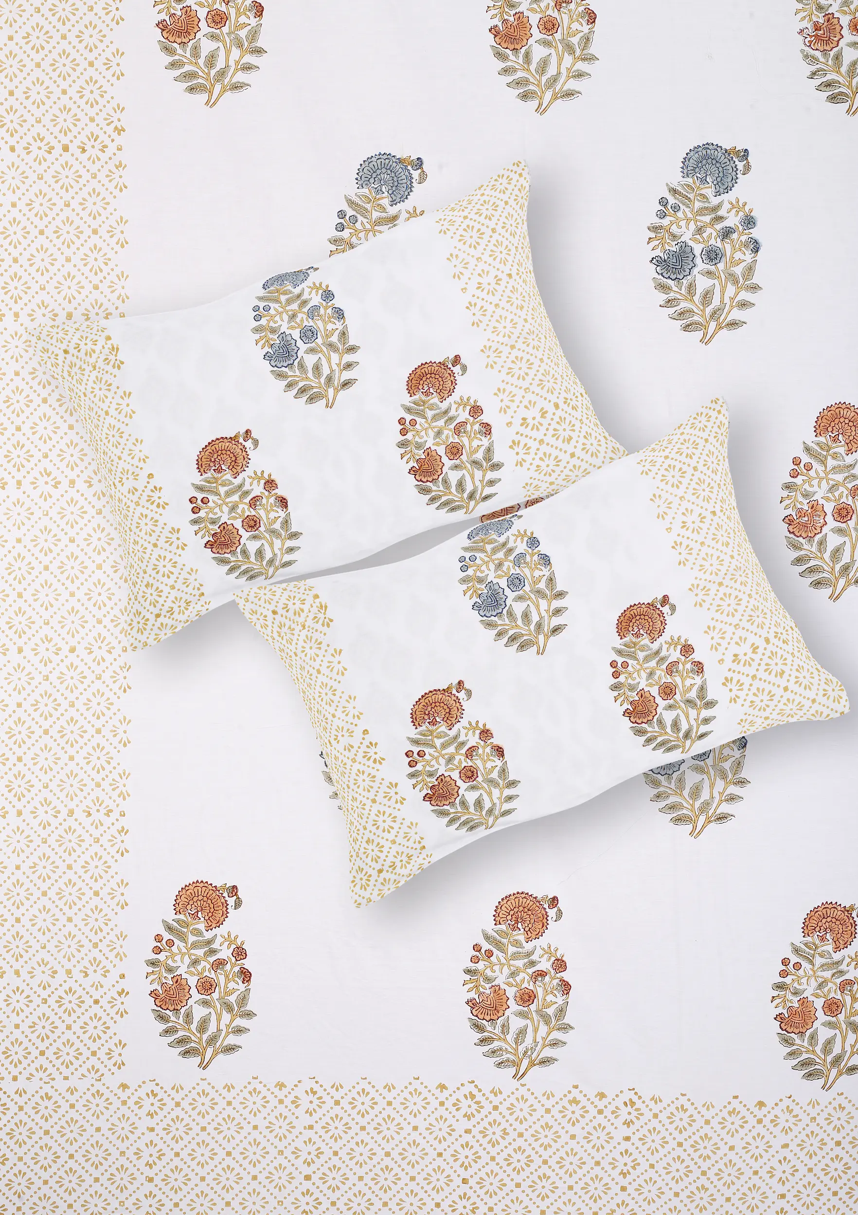 Cleopatra Golden Bloom bedsheet set with pillow covers handblock print styling