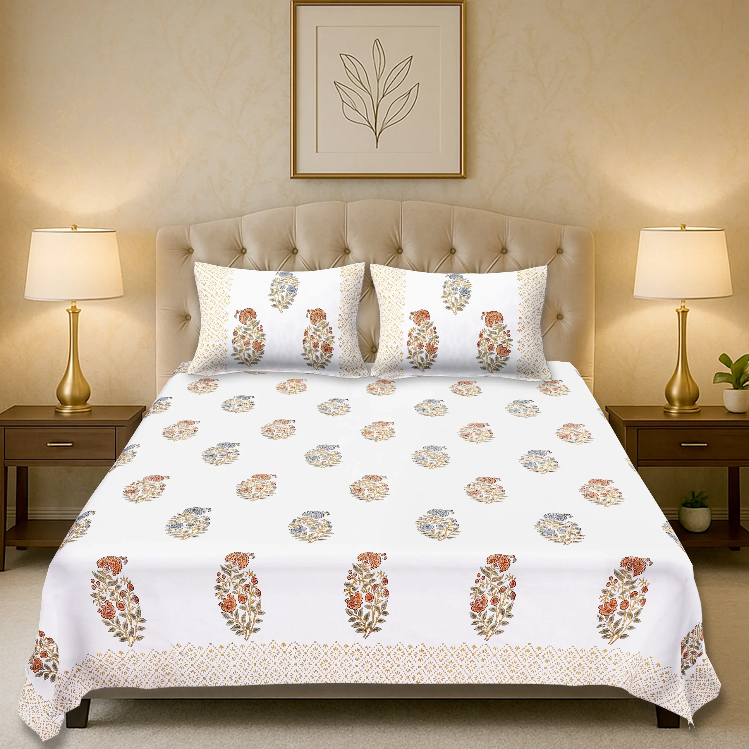 Cleopatra Golden Bloom handblock printed cotton bedsheet set full view