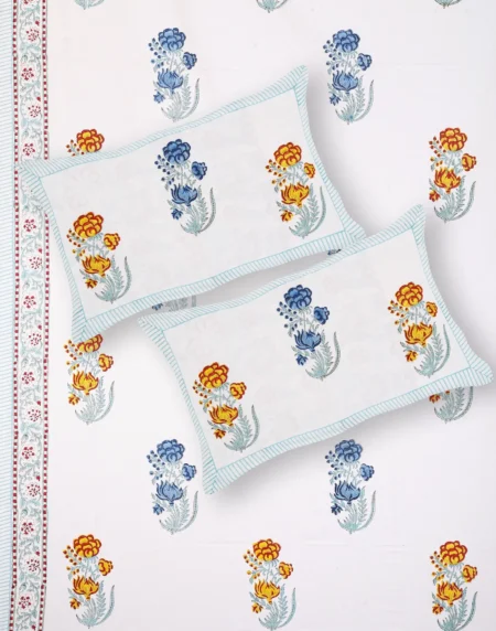 Cleopatra Indigo Blossom bedsheet set with pillow covers handblock print styling