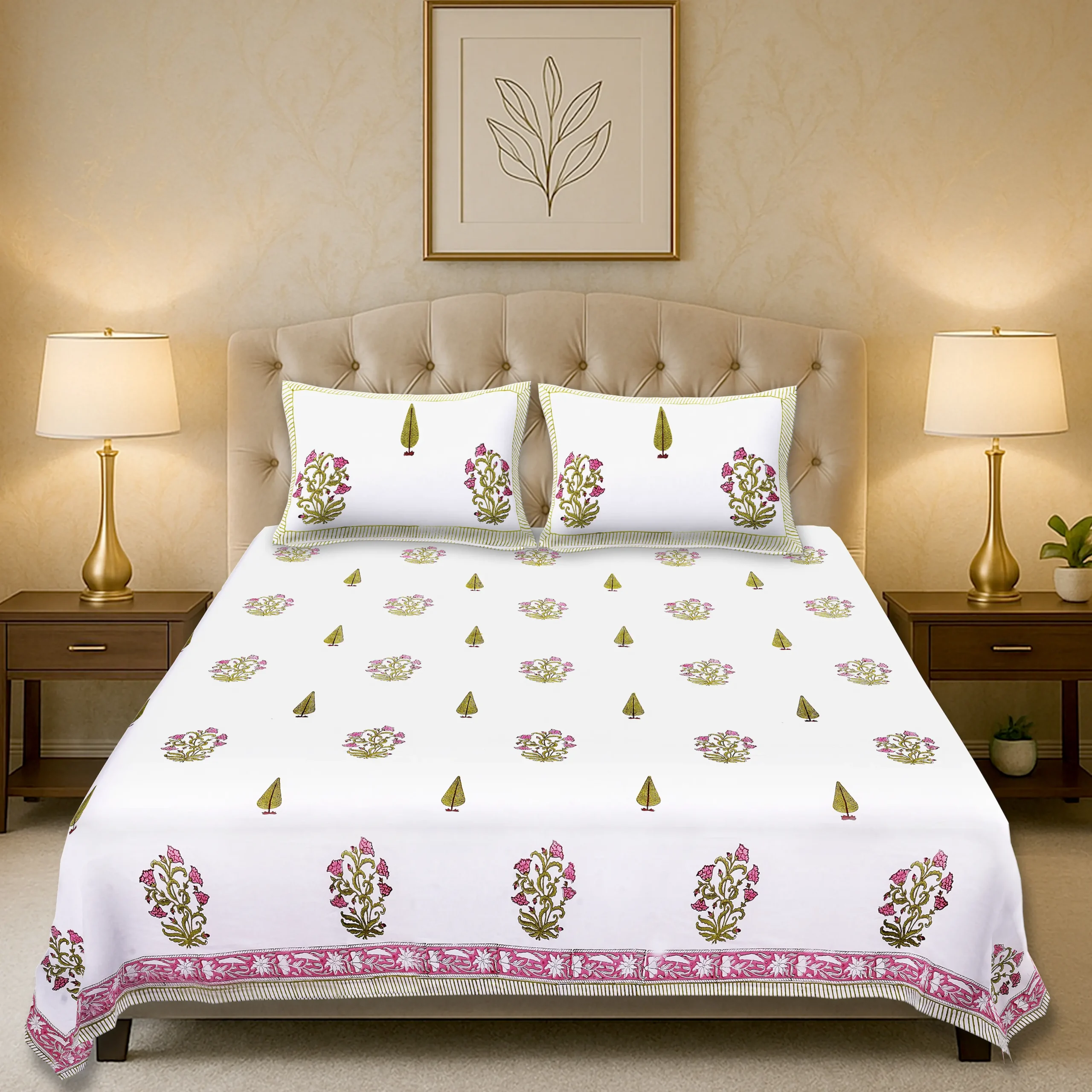 Cleopatra Meadow Bloom handblock printed cotton bedsheet set full view