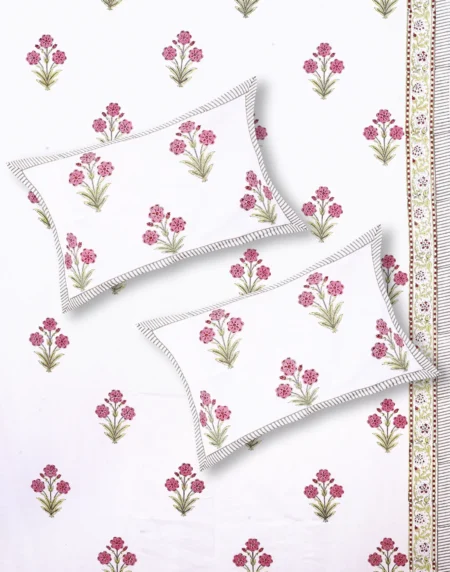Cleopatra Pink Petal bedsheet set with pillow covers handblock print styling