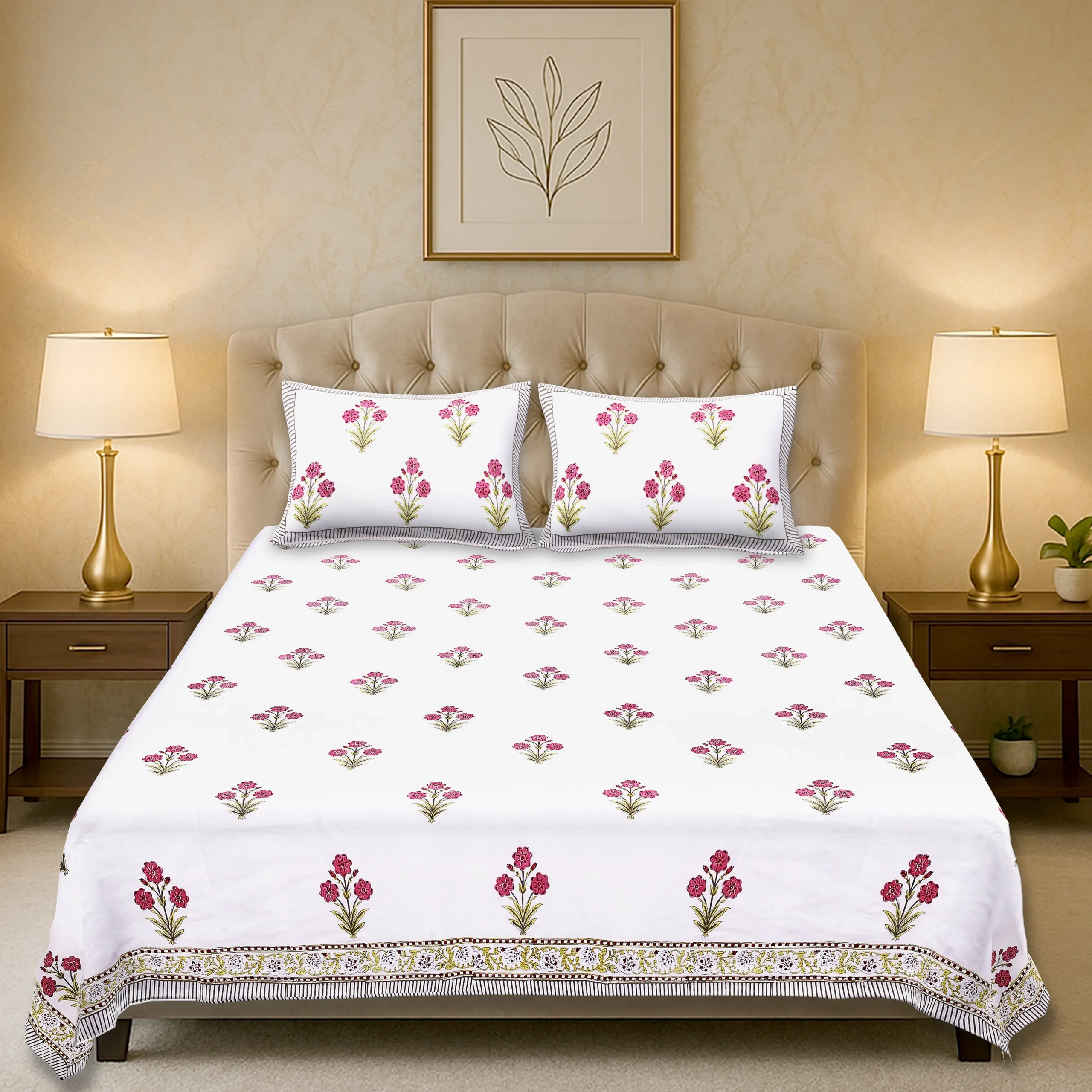 Cleopatra Pink Petal handblock printed cotton bedsheet set full view