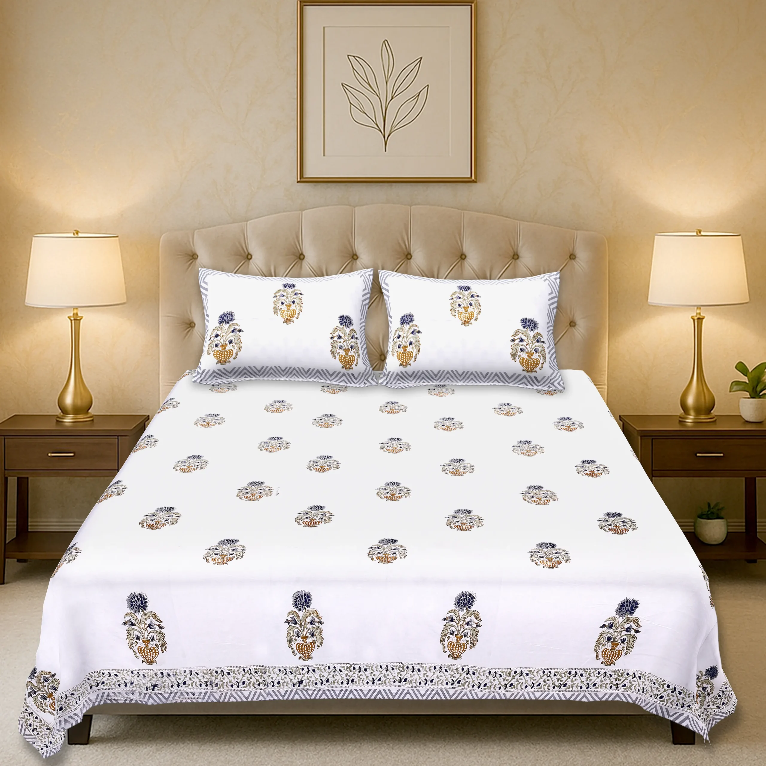 Cleopatra Regal Indigo handblock printed cotton bedsheet set full view