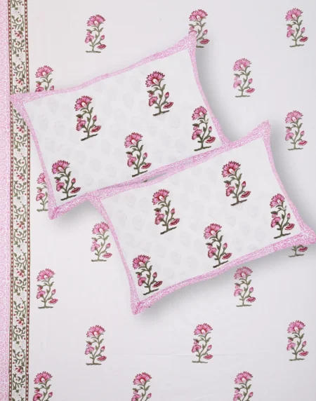 Cleopatra Rose Blossom bedsheet set with pillow covers handblock print styling