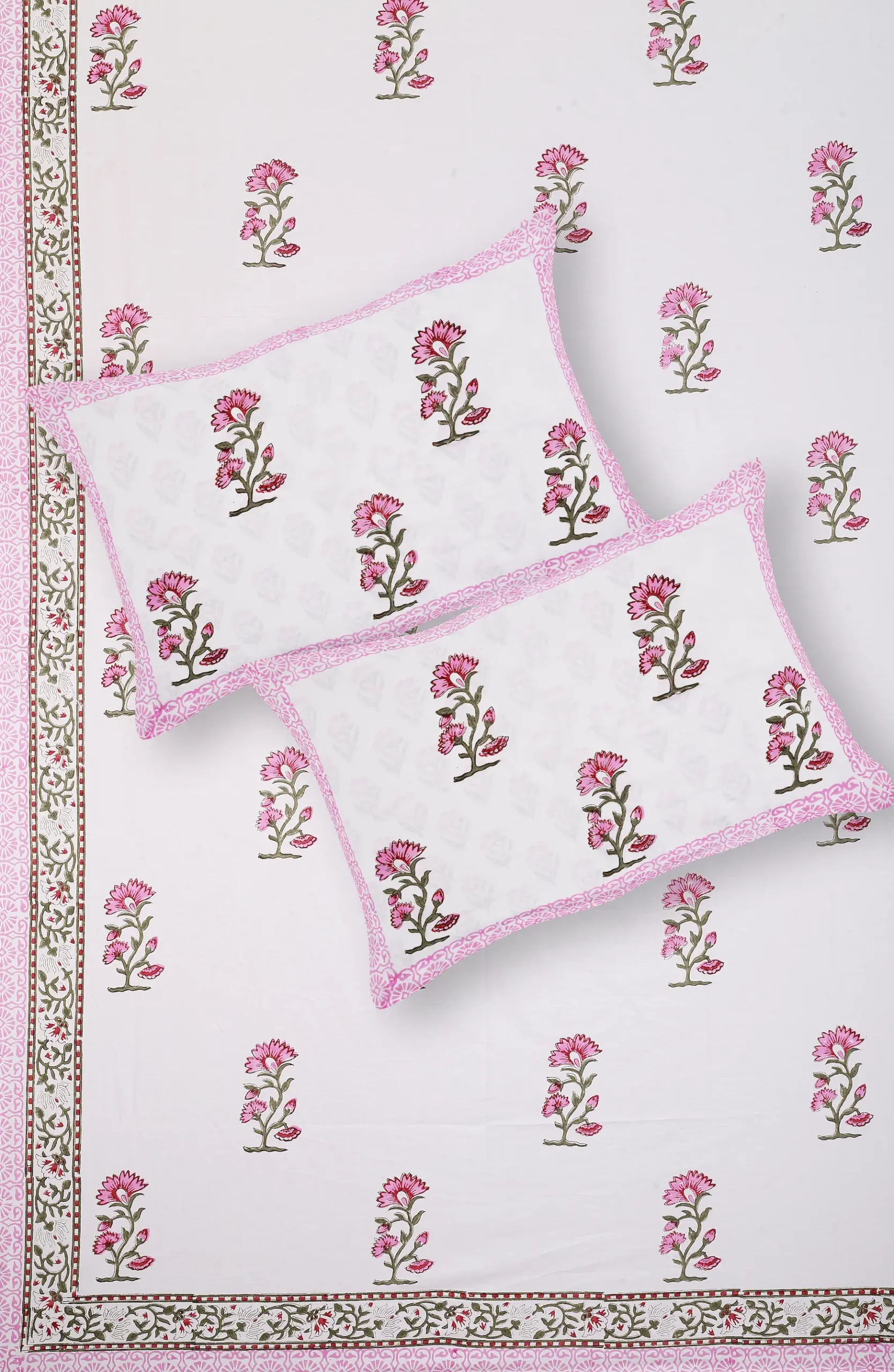 Cleopatra Rose Blossom bedsheet set with pillow covers handblock print styling
