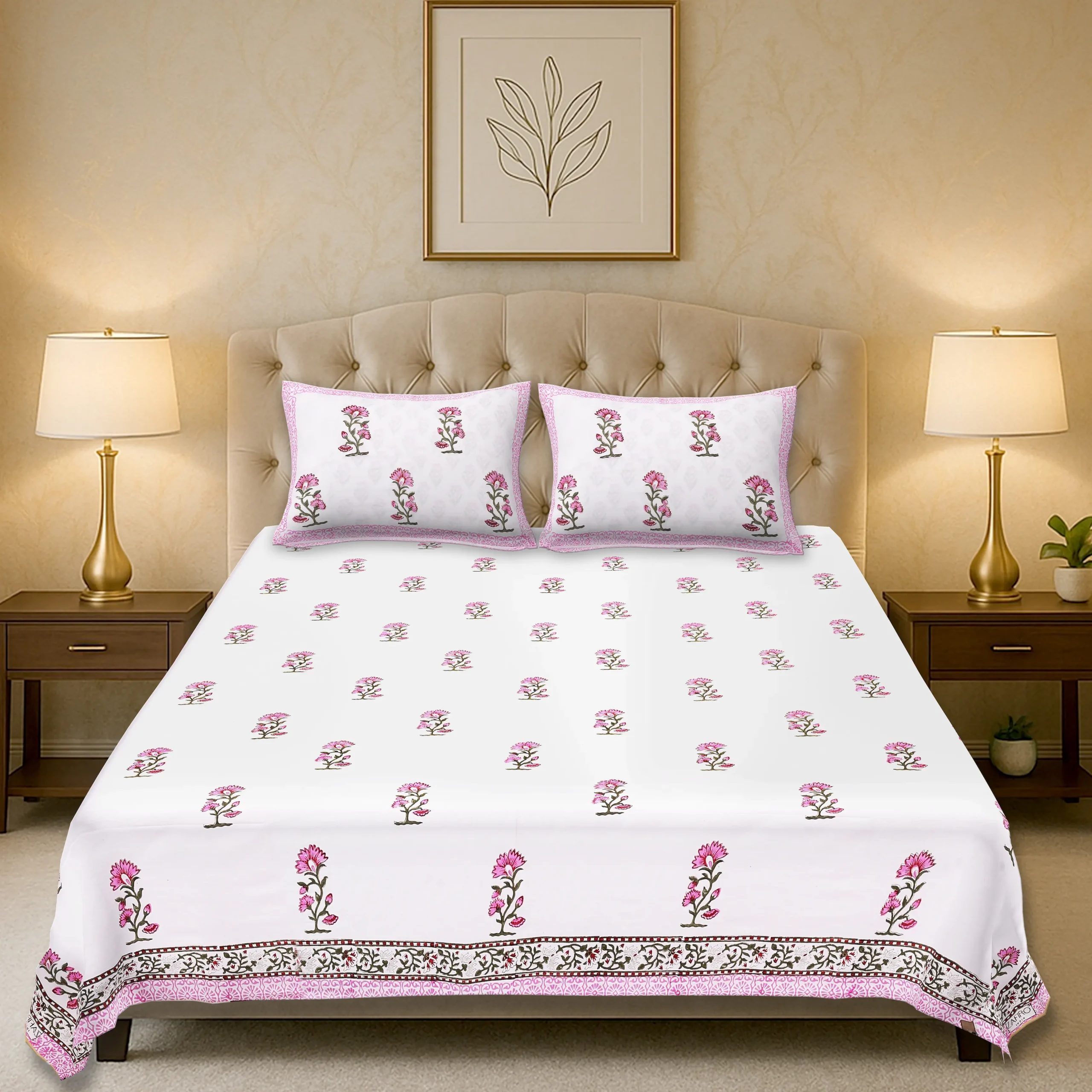 Cleopatra Rose Blossom handblock printed cotton bedsheet set full view