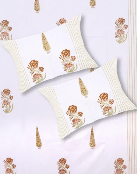 Cleopatra Saffron Bloom bedsheet set with pillow covers handblock print styling
