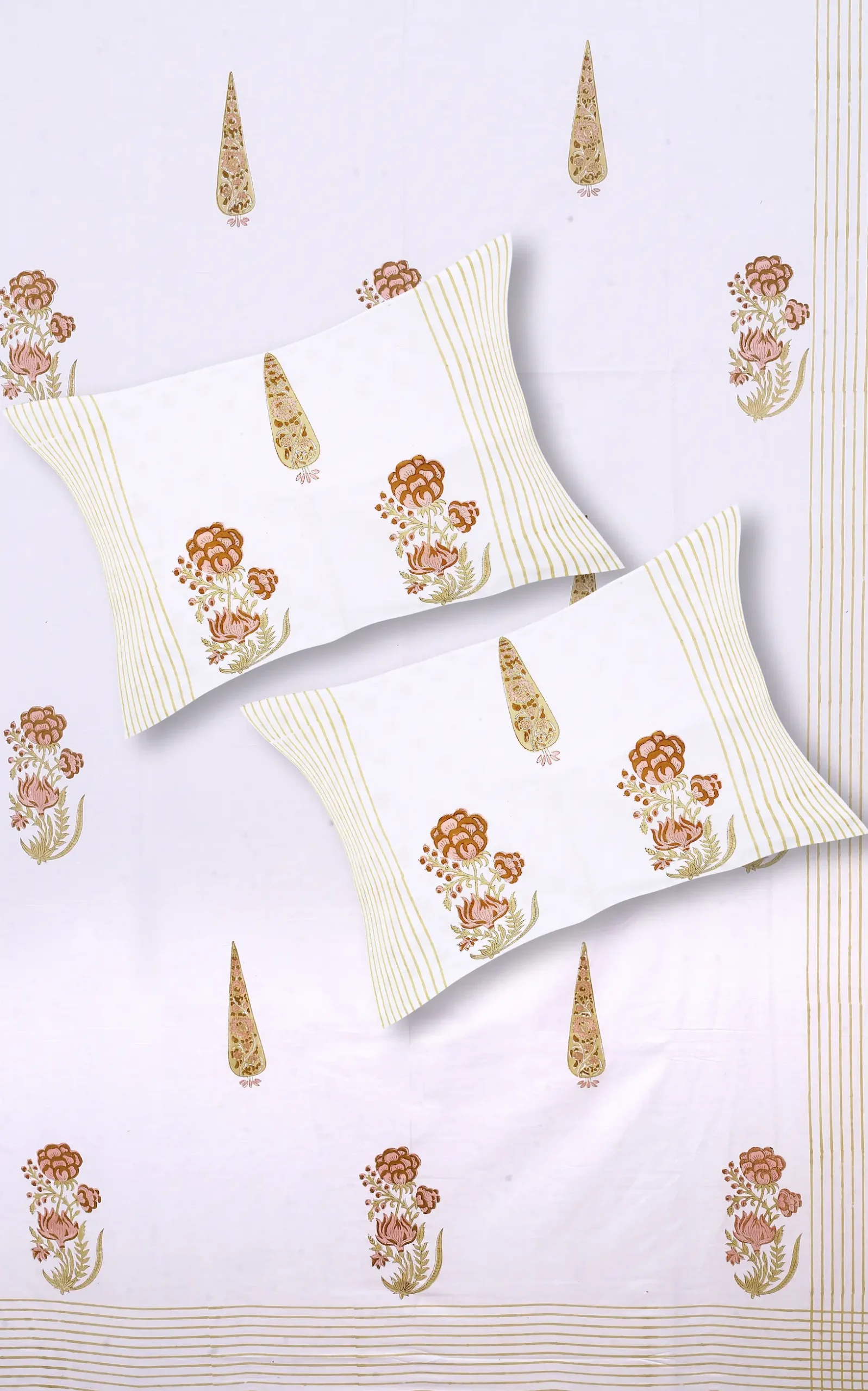 Cleopatra Saffron Bloom bedsheet set with pillow covers handblock print styling