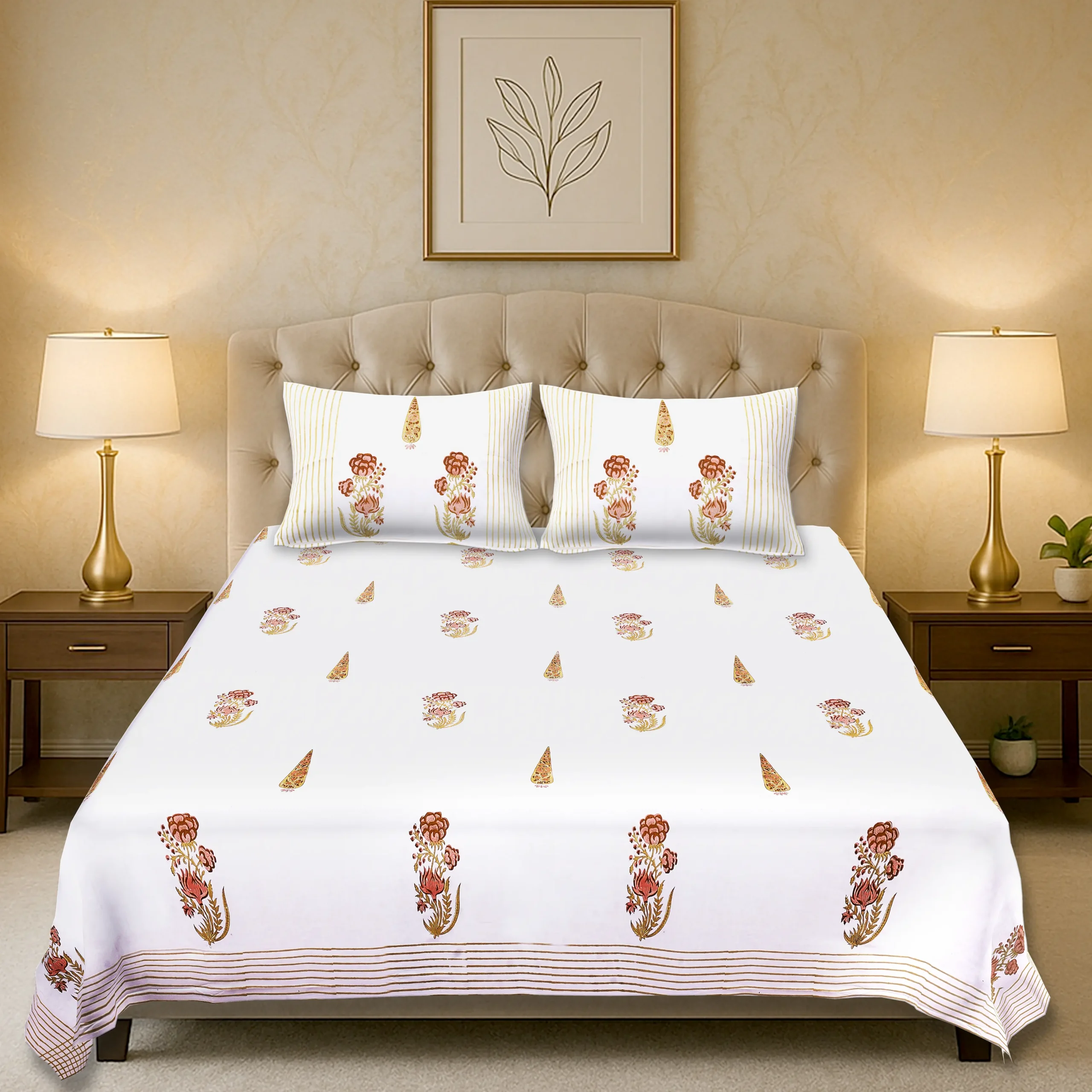 Cleopatra Saffron Bloom handblock printed cotton bedsheet set full view