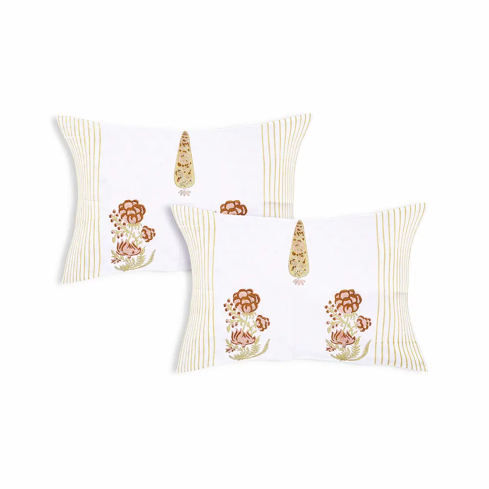 Cleopatra Saffron Bloom cotton pillow covers handblock printed set design