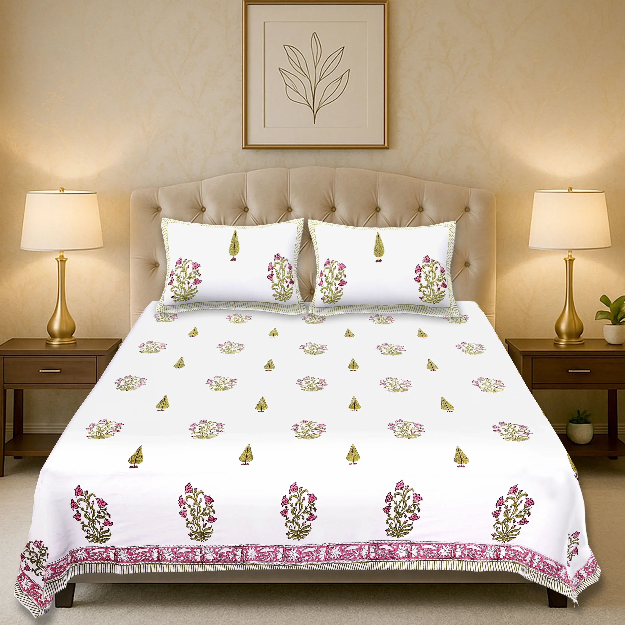 Cleopatra Spring Meadow handblock printed cotton bedsheet set full view
