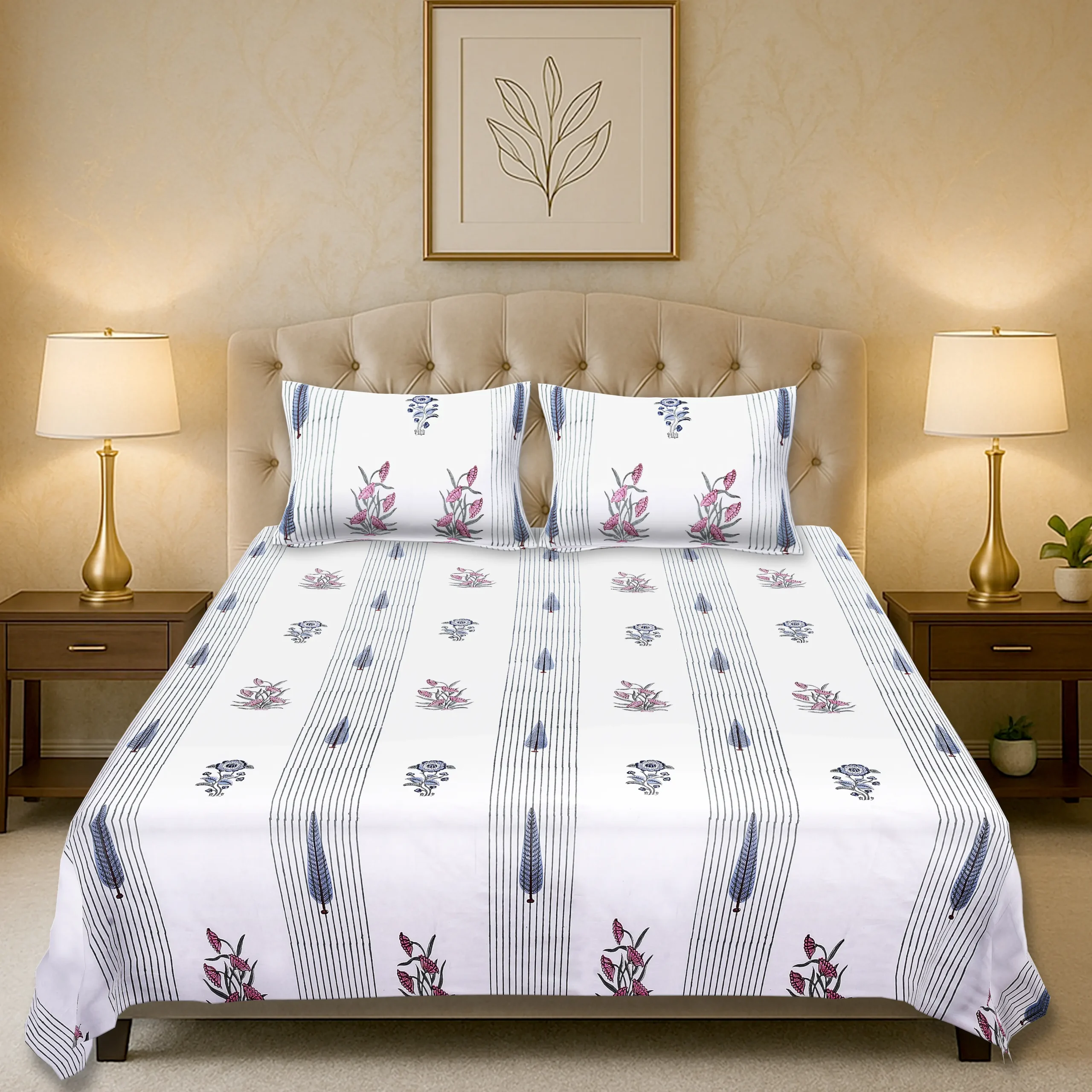 Cleopatra Striped Bloom handblock printed cotton bedsheet set full view