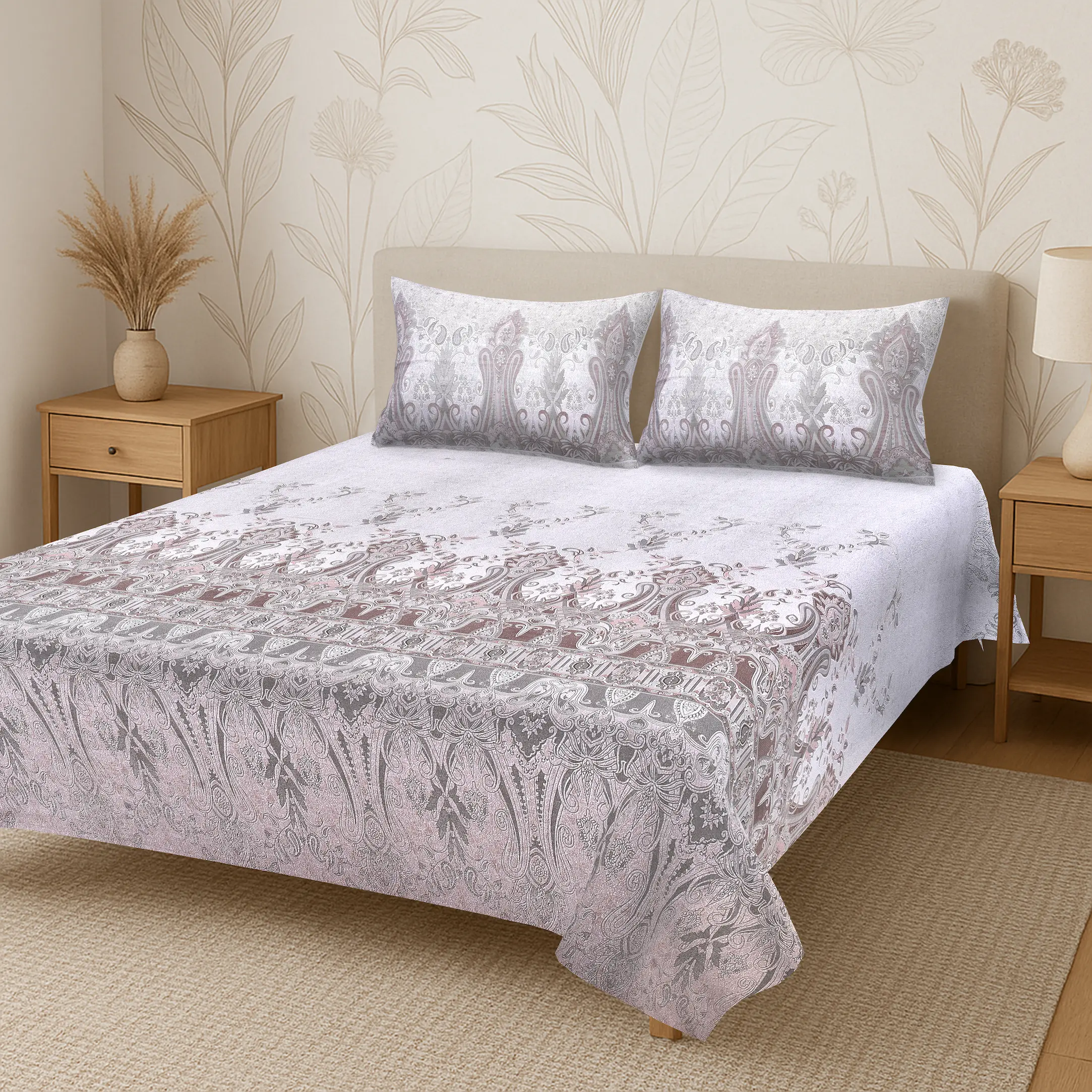 Italian Baroque Mulberry 108″ x 108″ Digital Printed Cotton Bed Sheet Set - Image 3