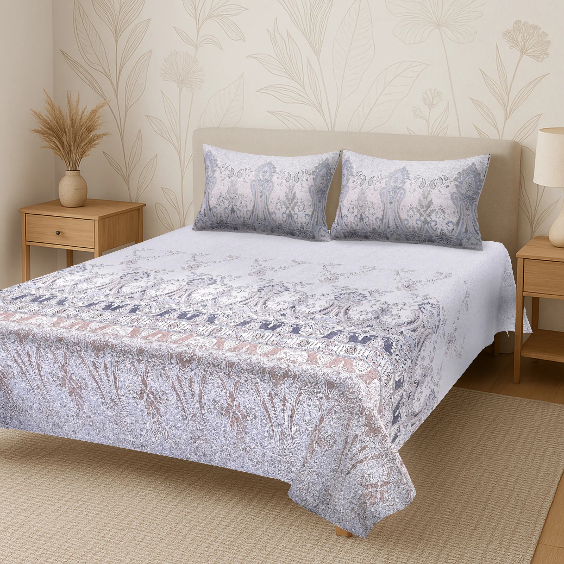 Italian Paisley Grace digital printed cotton bedsheet set full view