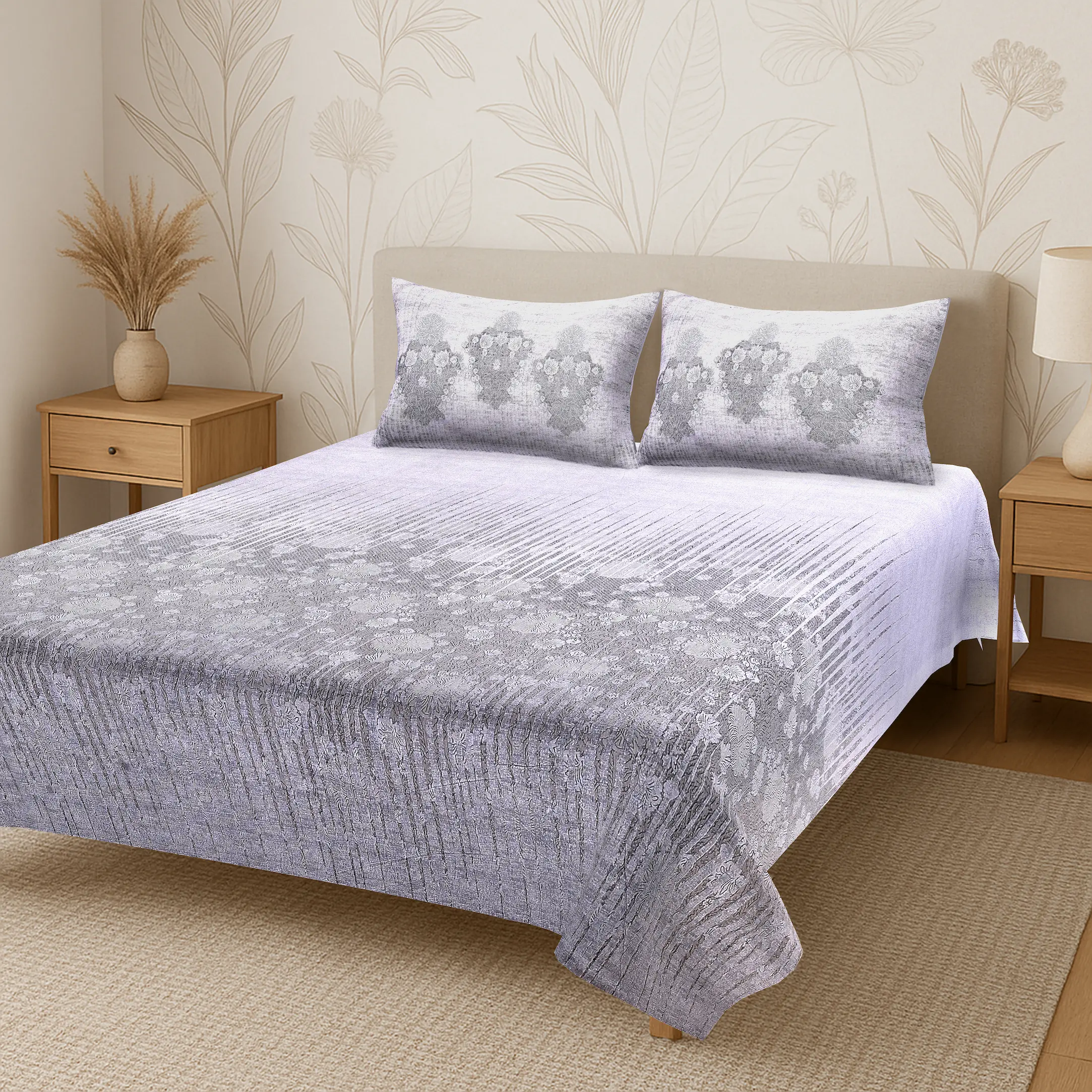 Italian Romanesque Charcoal digital printed cotton bedsheet set full view