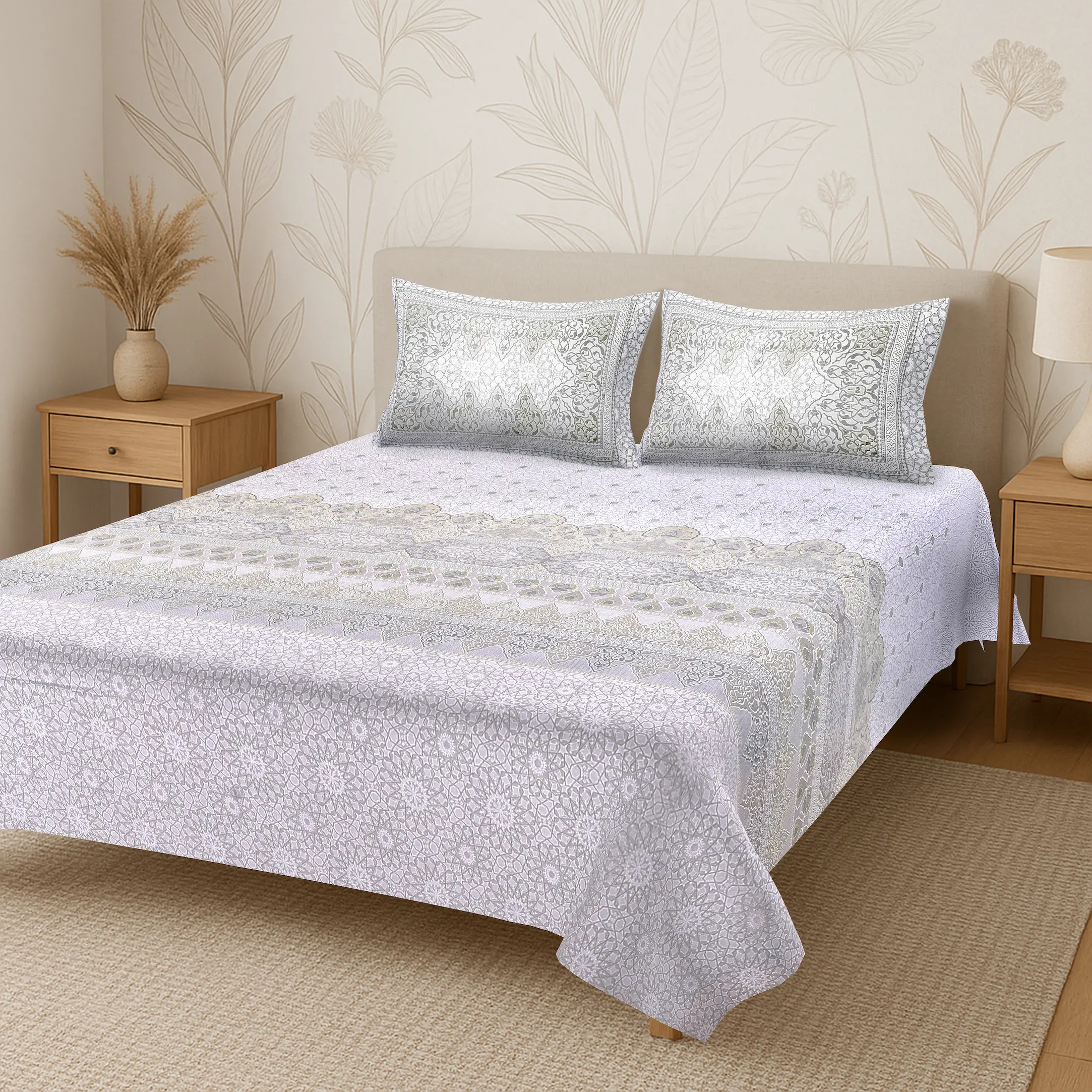 Italian Venetian Sage digital printed cotton bedsheet set full view