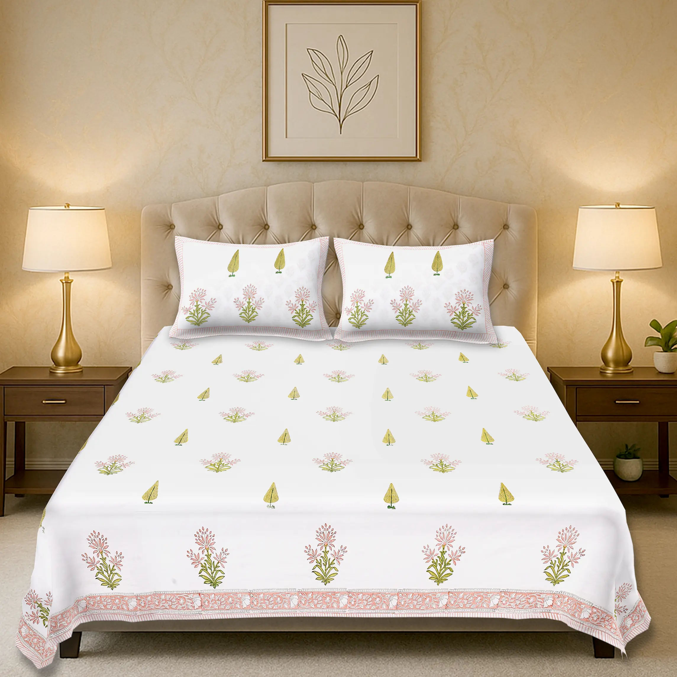 Marilyn Mallow handblock printed cotton bedsheet set full view
