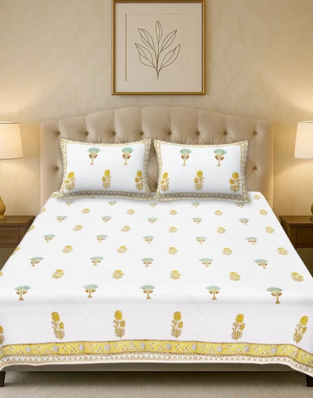 Marilyn Marigold handblock printed cotton bedsheet set full view