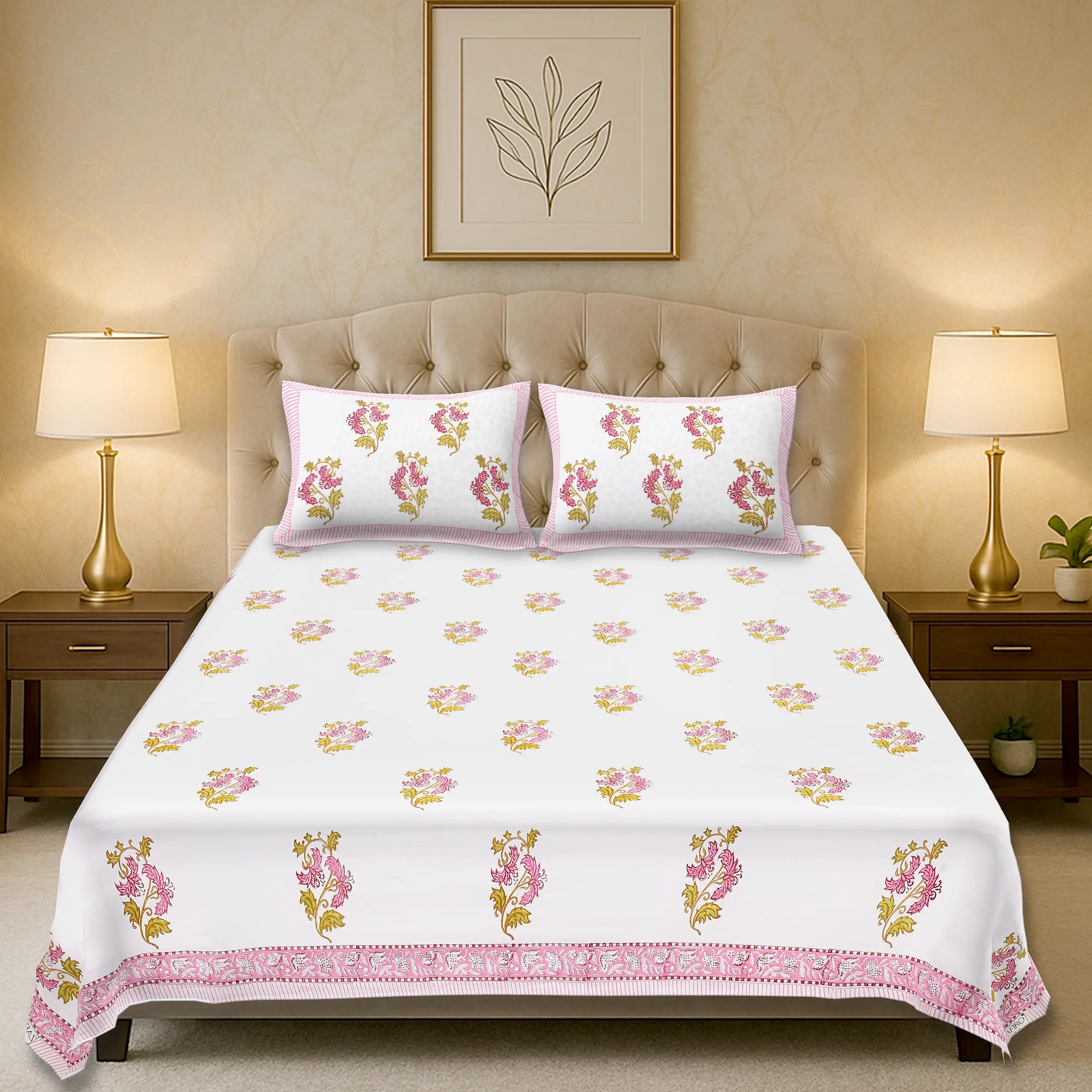 Marilyn Meadow handblock printed cotton bedsheet set full view