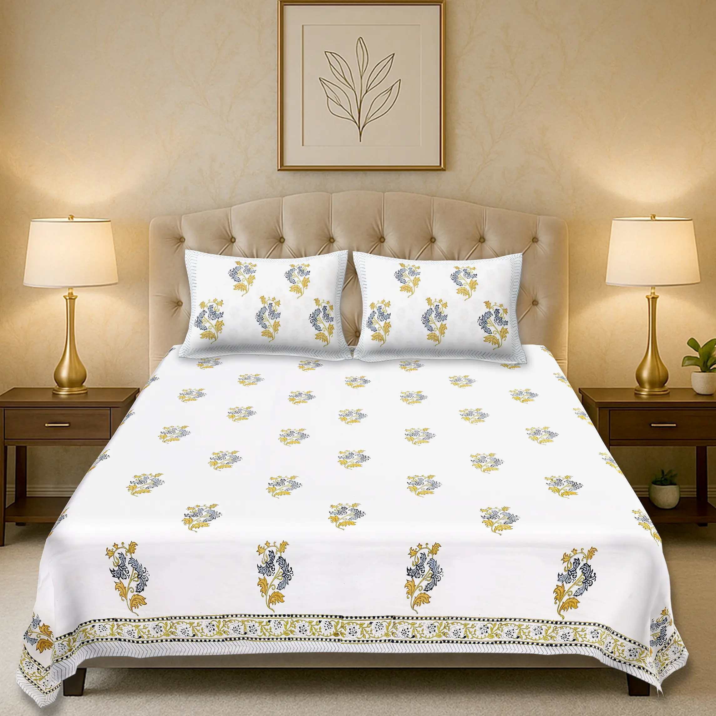 Marilyn Midnight handblock printed cotton bedsheet set full view