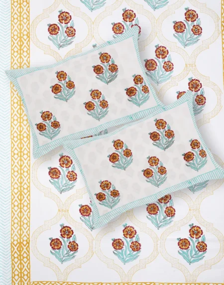 Marilyn Mimosa bedsheet set with pillow covers handblock print styling