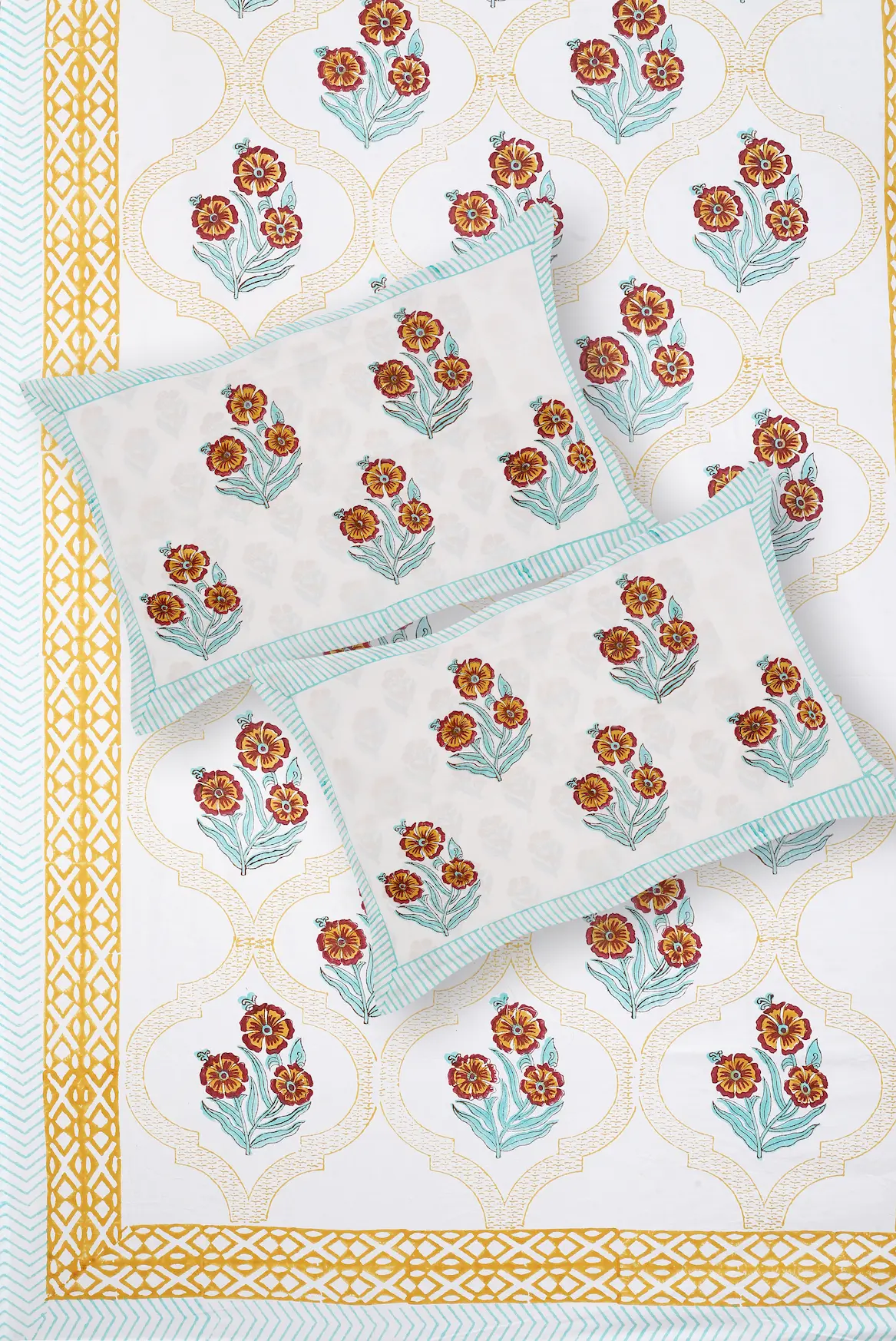 Marilyn Mimosa bedsheet set with pillow covers handblock print styling