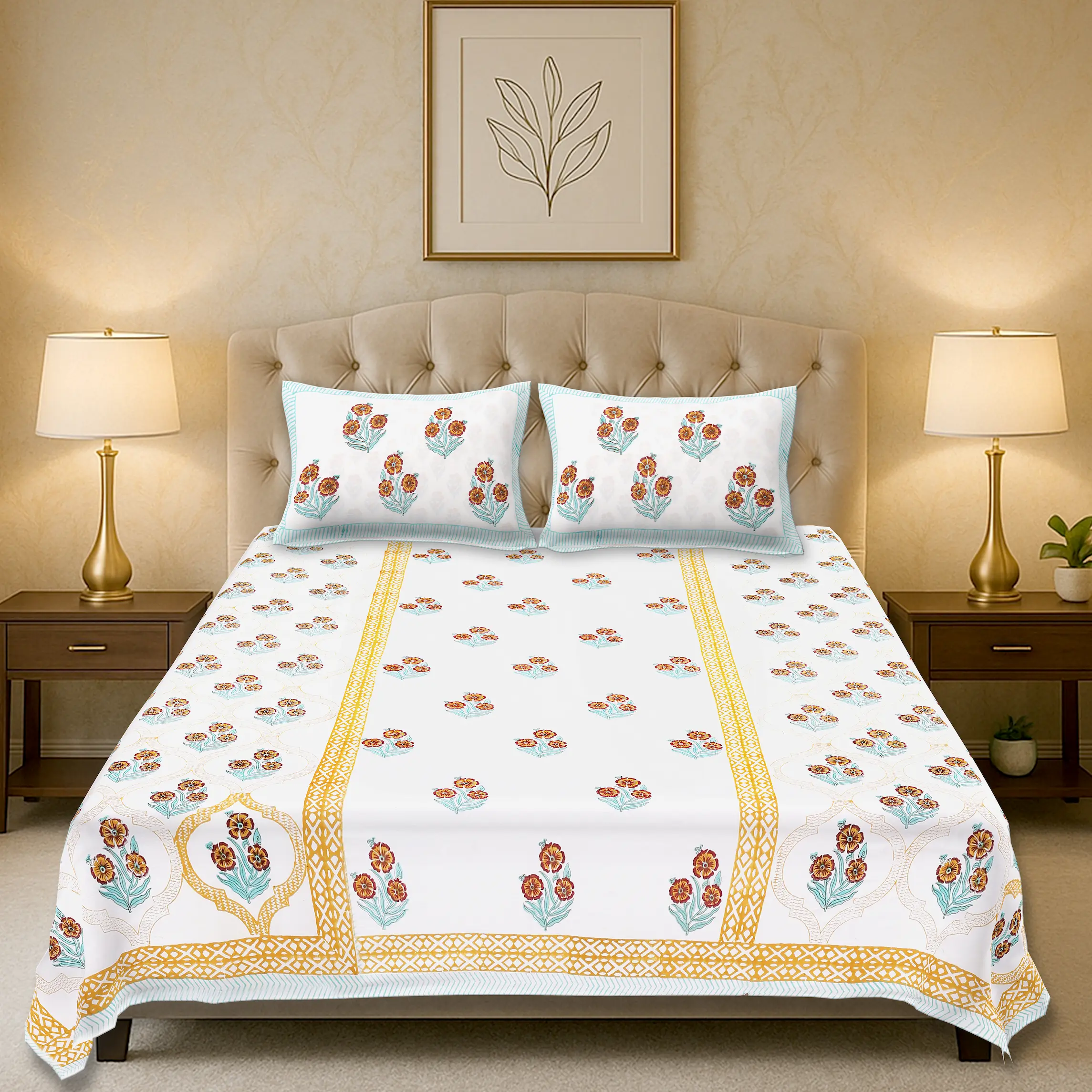 Marilyn Mimosa handblock printed cotton bedsheet set full view