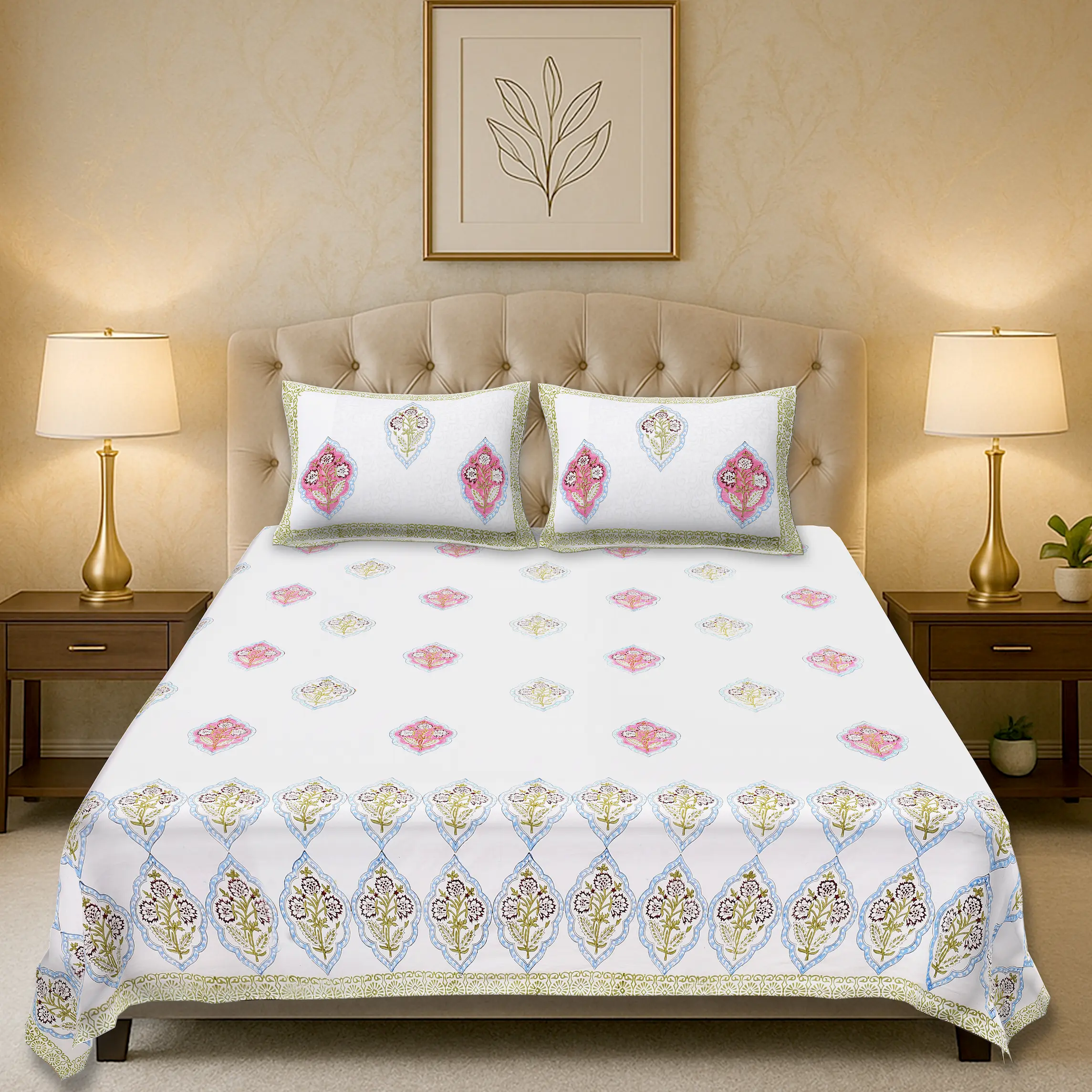 Marilyn Mist handblock printed cotton bedsheet set full view