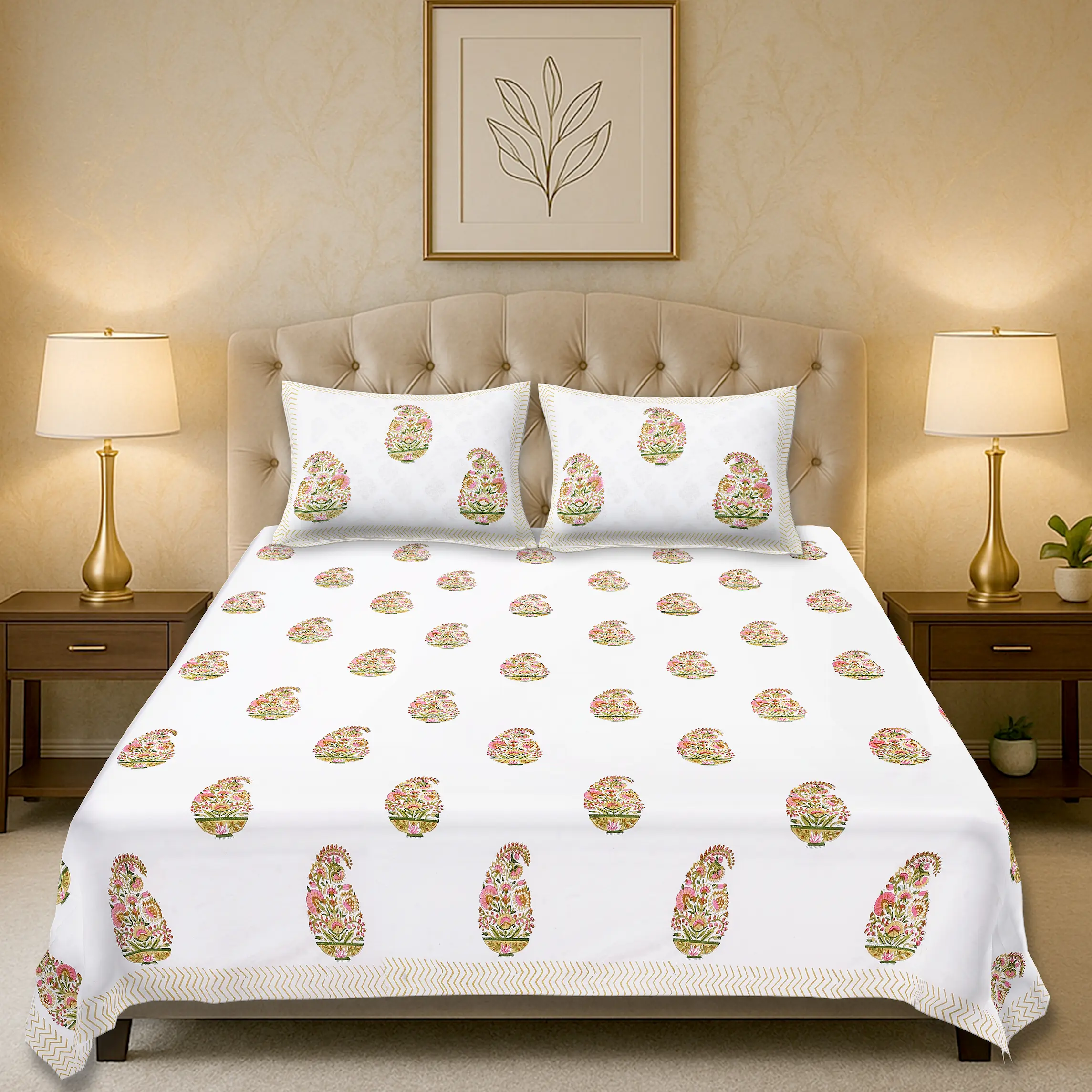Marilyn Monarch handblock printed cotton bedsheet set full view