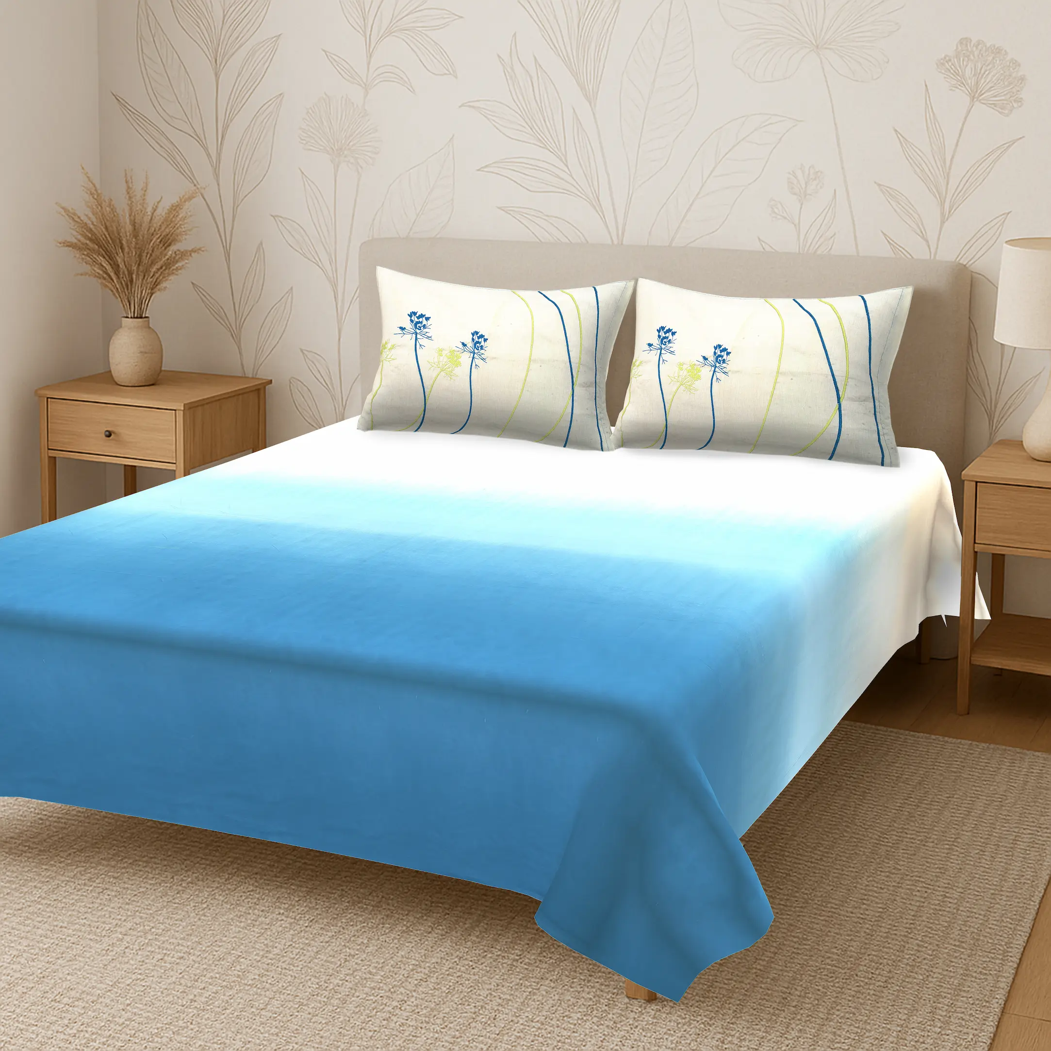 Reve Ombre Azure digital printed cotton bedsheet set full view