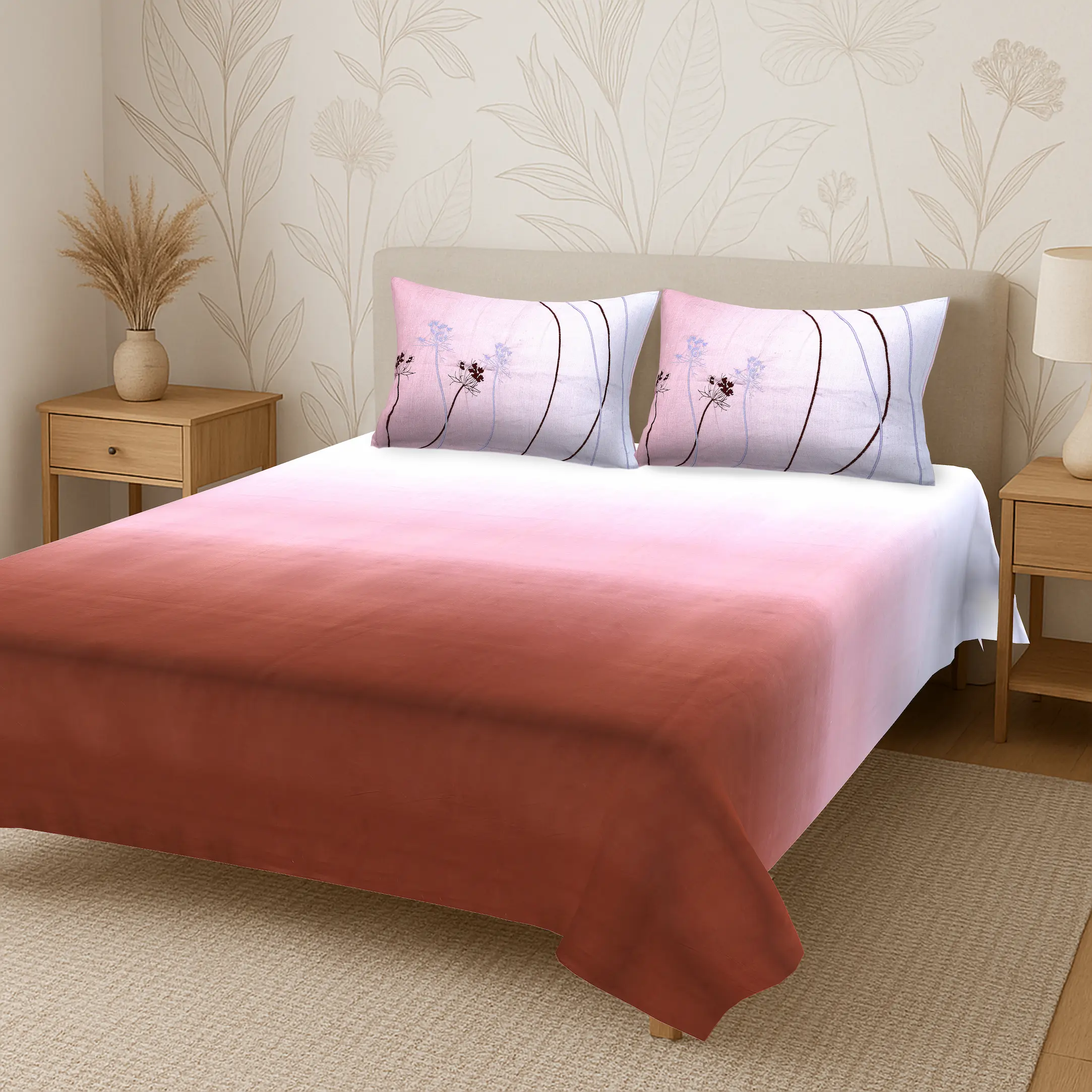 Reve Ombre Coral digital printed cotton bedsheet set full view