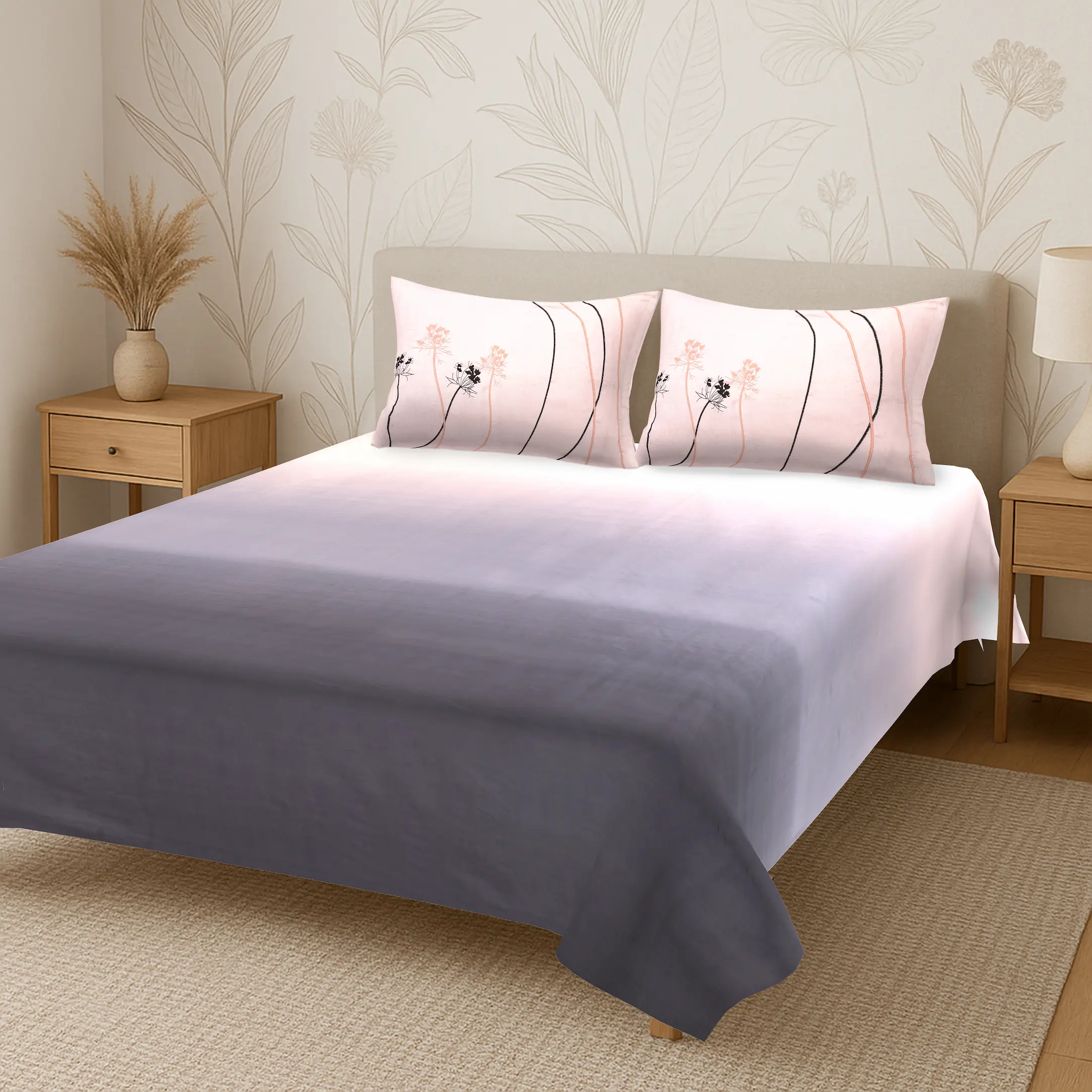 Reve Ombre Lavender digital printed cotton bedsheet set full view