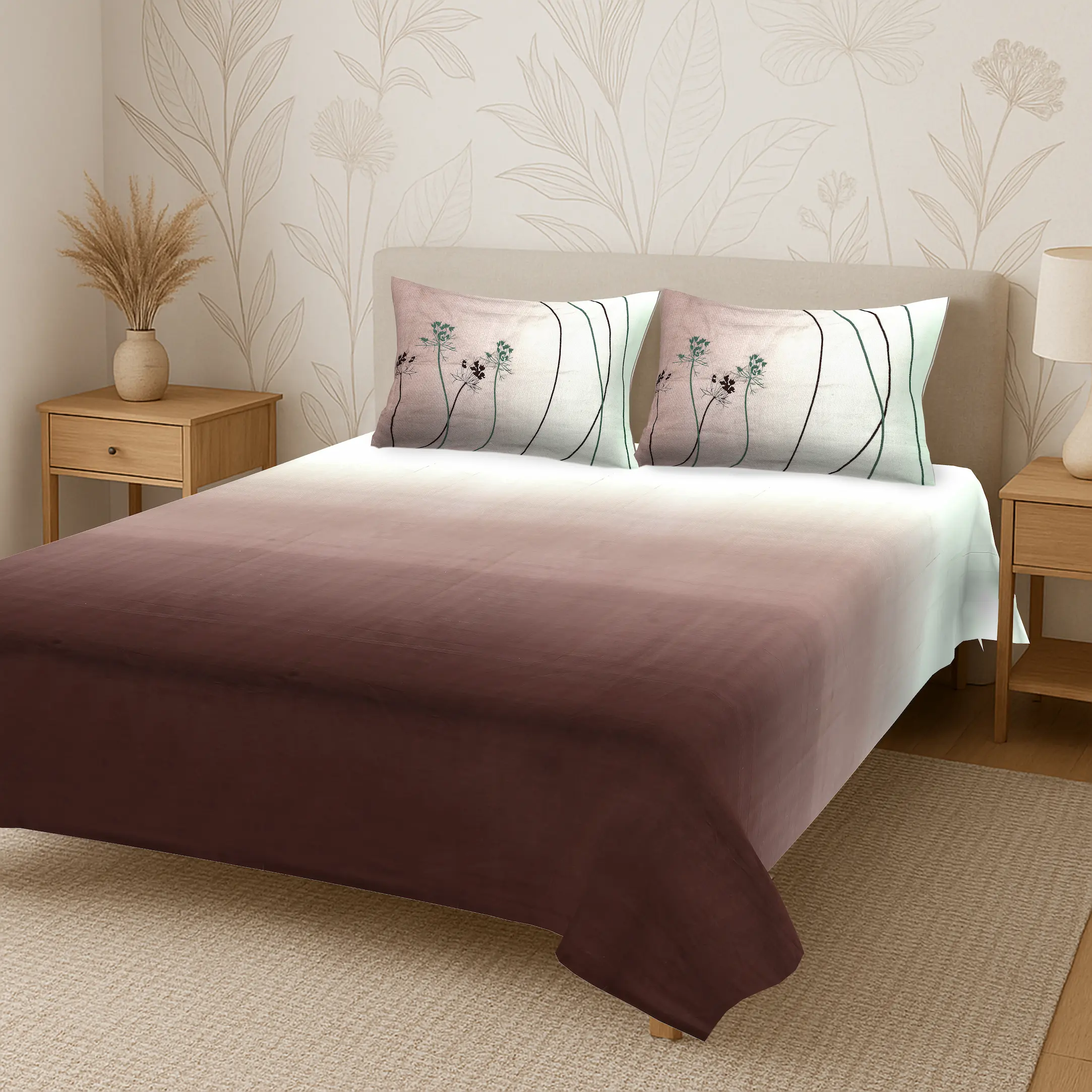 Reve Ombre Mocha digital printed cotton bedsheet set full view