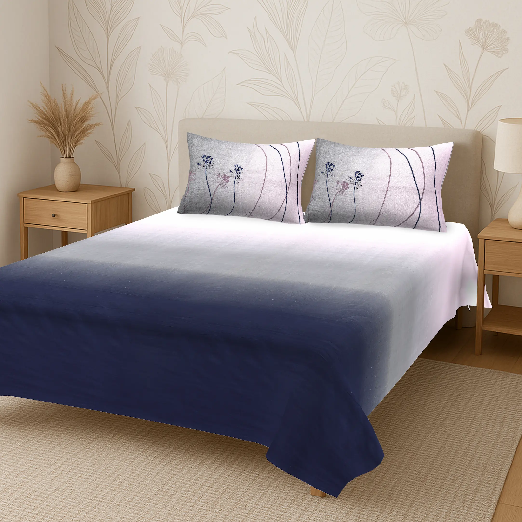 Reve Ombre Slate digital printed cotton bedsheet set full view