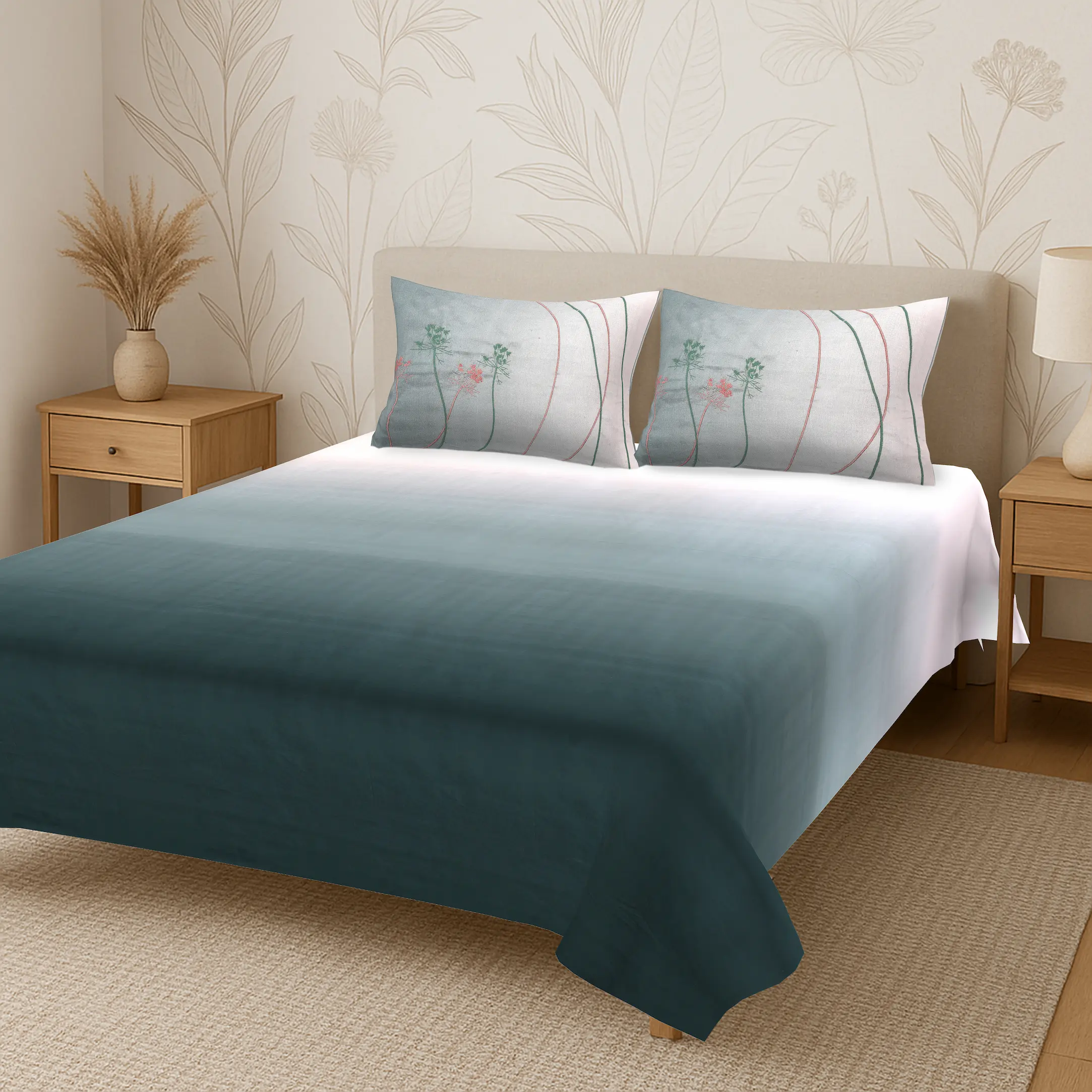 Reve Ombre Teal digital printed cotton bedsheet full view