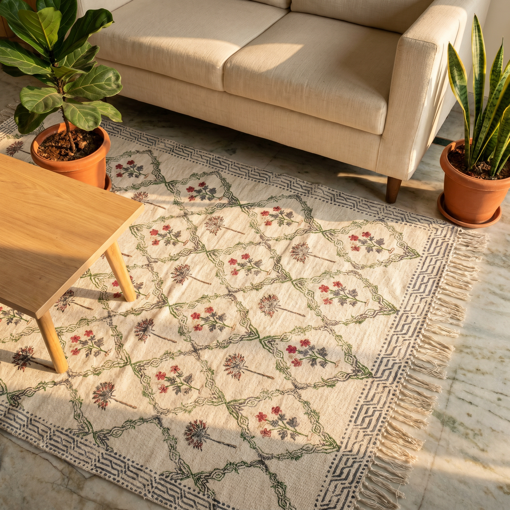 Bloom Hand Block Cotton Rug