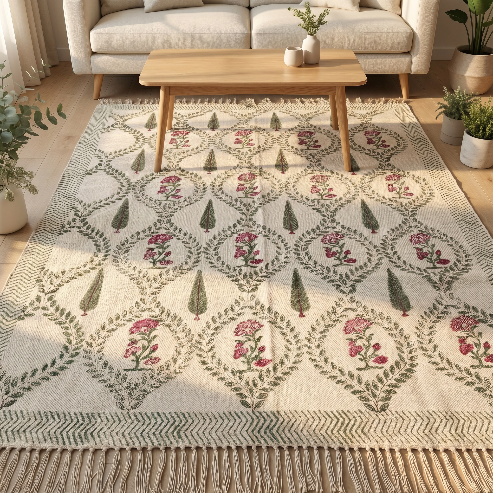 Floral Hand Block Cotton Rug