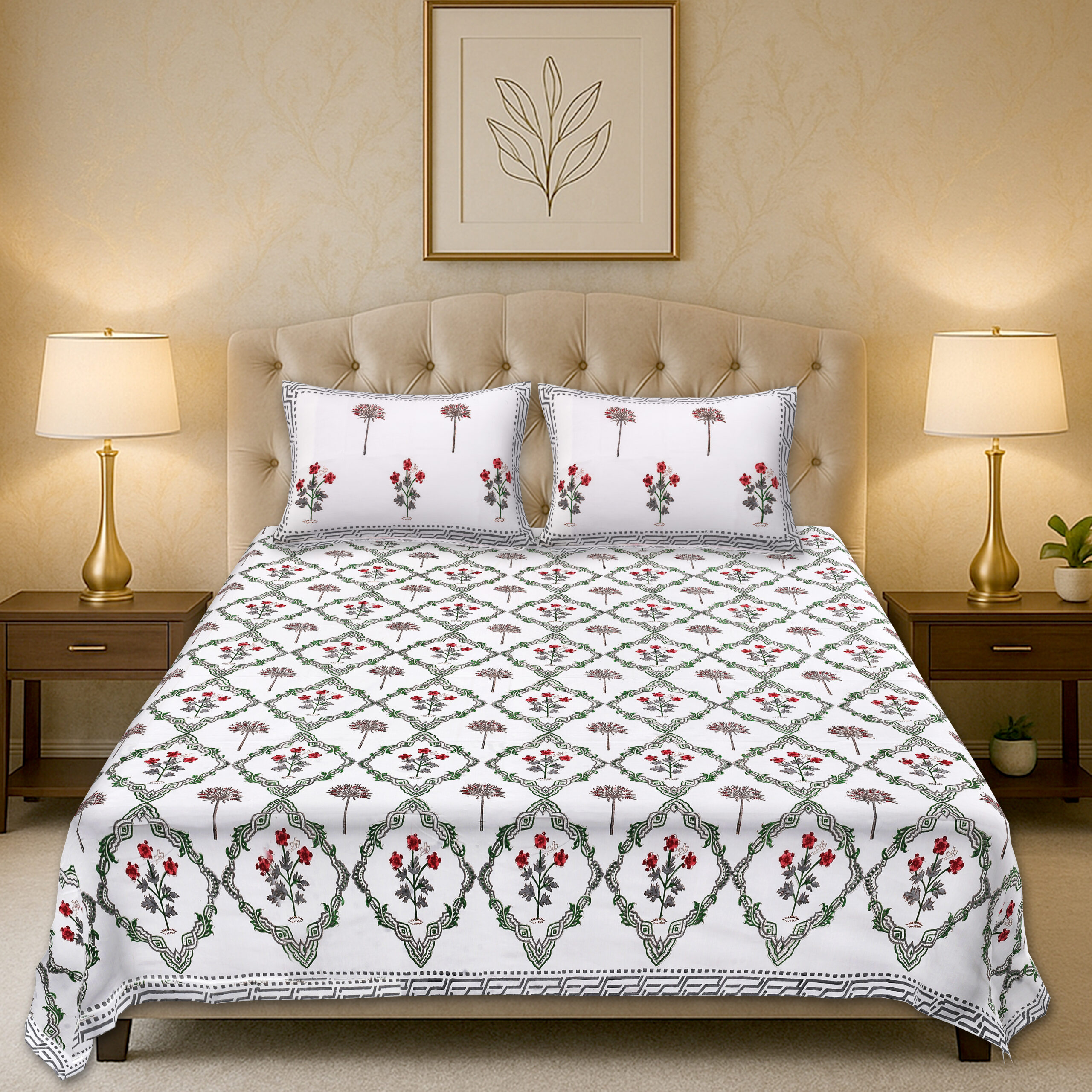 Marilyn Olive 300 TC Handblock Bedsheet Set - Image 2