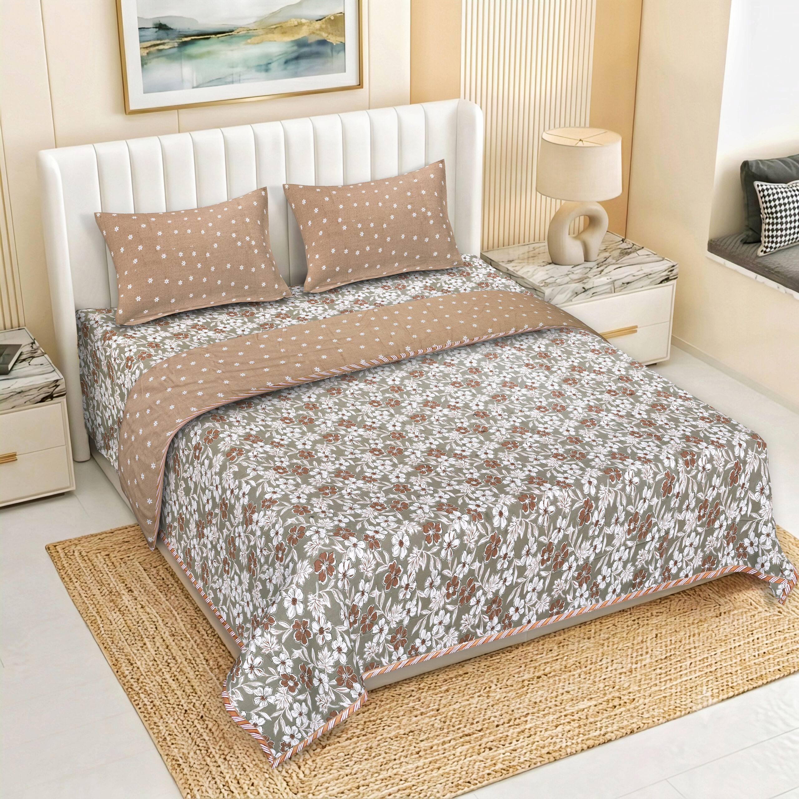 Zafiro Indio Premium Cambric Cotton Dohar Set – 4 Pieces | 210 TC Twill Cotton Bedsheet | 3-Layer Flannel Filling Doher set | Best Gifting set.