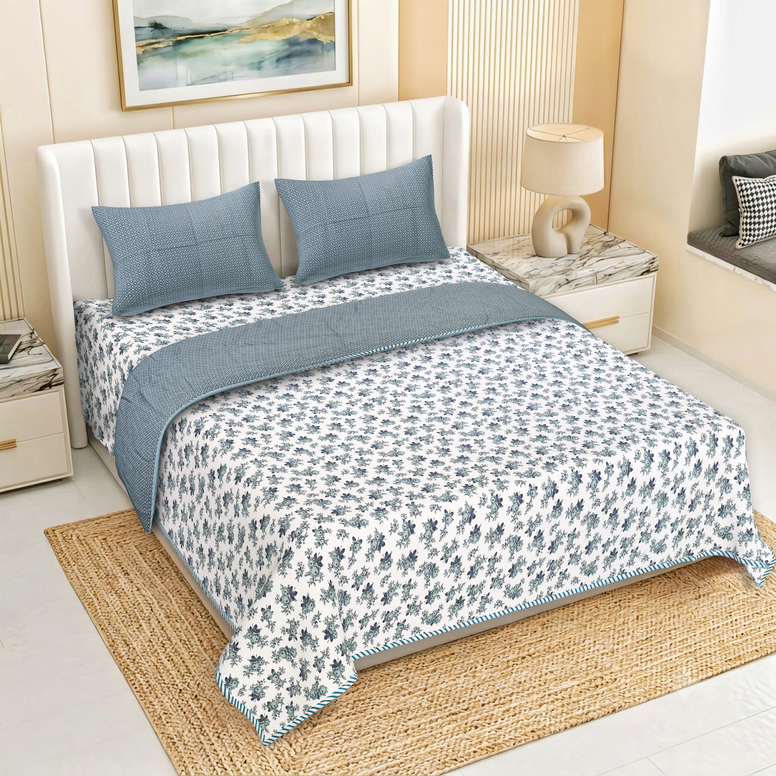 Zafiro Indio Premium Cambric Cotton Dohar Set – 4 Pieces | 210 TC Twill Cotton Bedsheet | 3-Layer Flannel Filling Doher set | Best Gifting set.