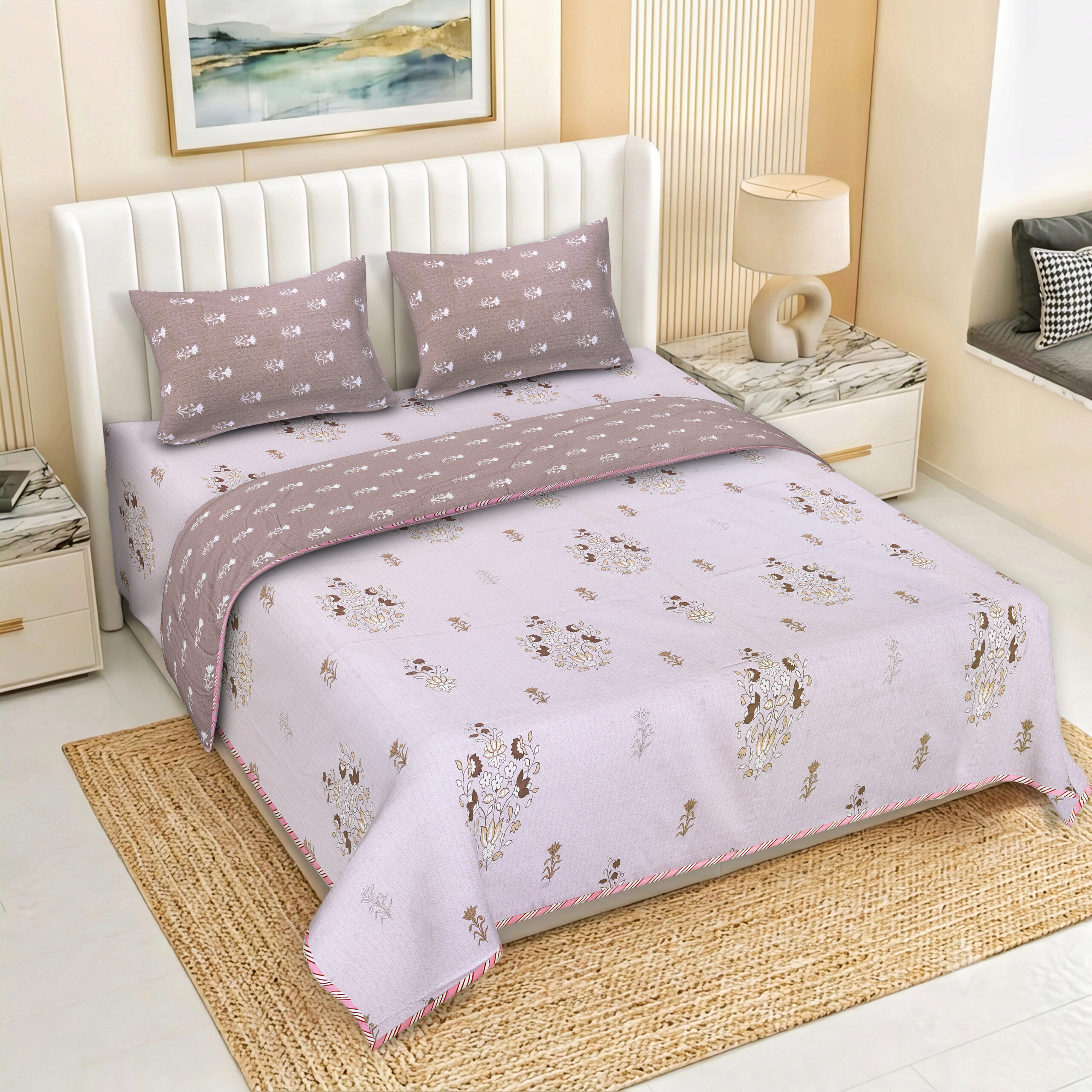 Zafiro Indio Premium Cambric Cotton Dohar Set – 4 Pieces | 210 TC Twill Cotton Bedsheet | 3-Layer Flannel Filling Doher set | Best Gifting set.