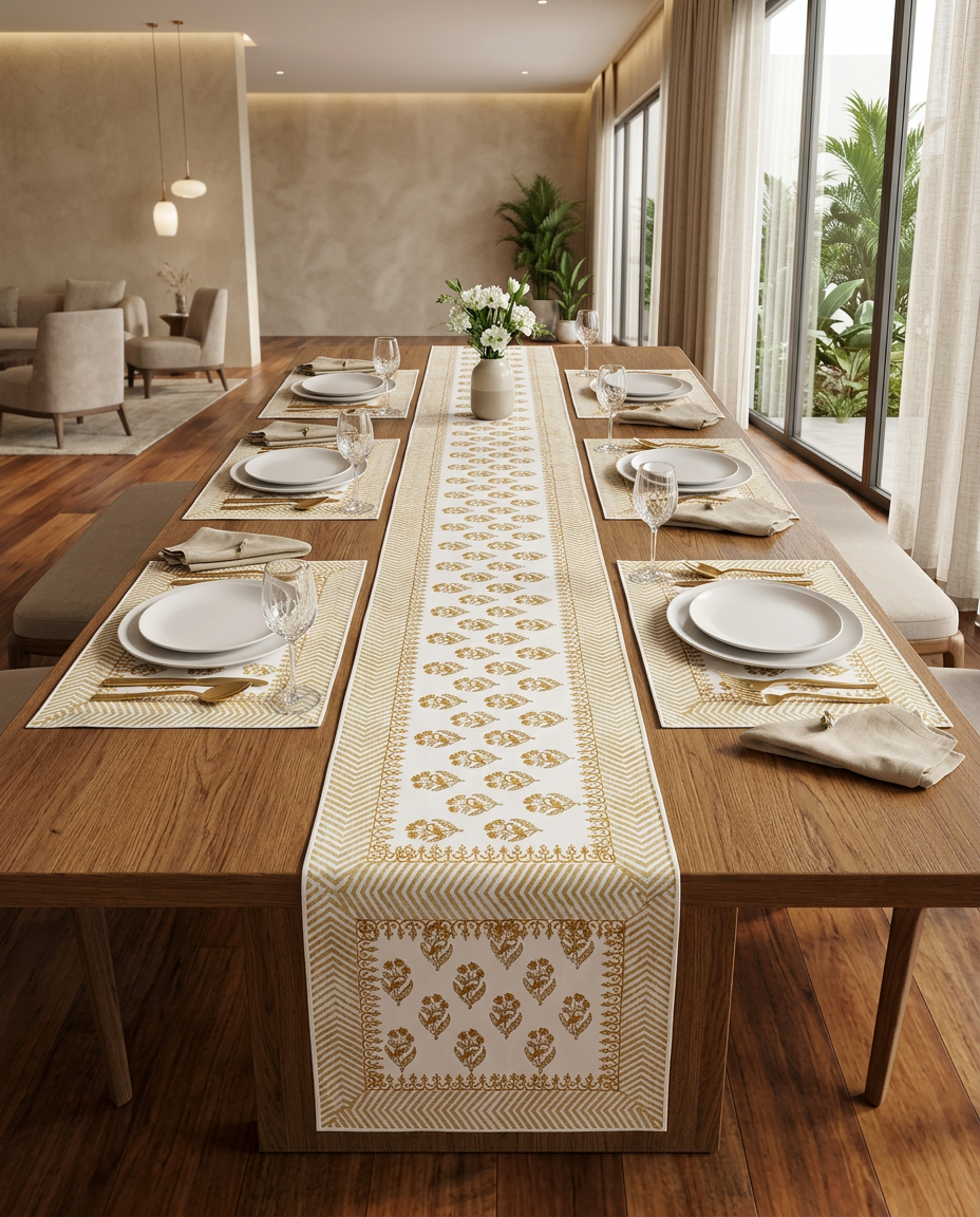 Petal Handblock Table Runner with Placemats
